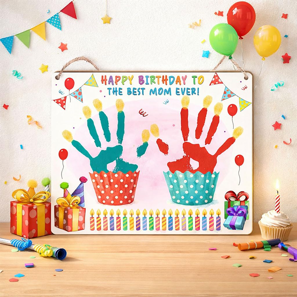 DIY Custom Best Mom Ever Happy Birthday Cupcake Handprints Art Craft Handprint Making Sign, Birthday Idea Keepsake for Mommy, New Mum Gifts from Toddler, Kids, Babies, Unique Bday Children (2 Hands)