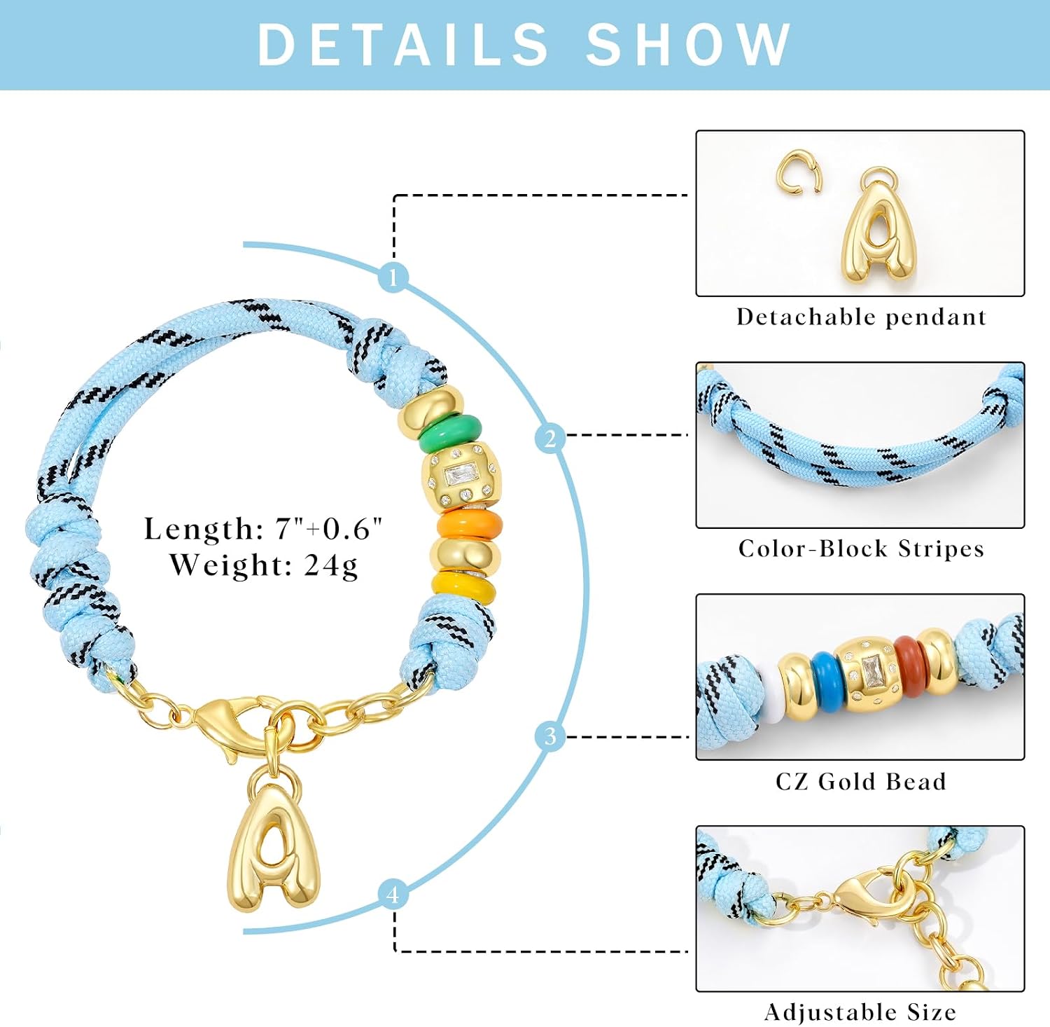KissYan Initial Rope Bracelet for Women, Removable Bubble Letter Charm image 5