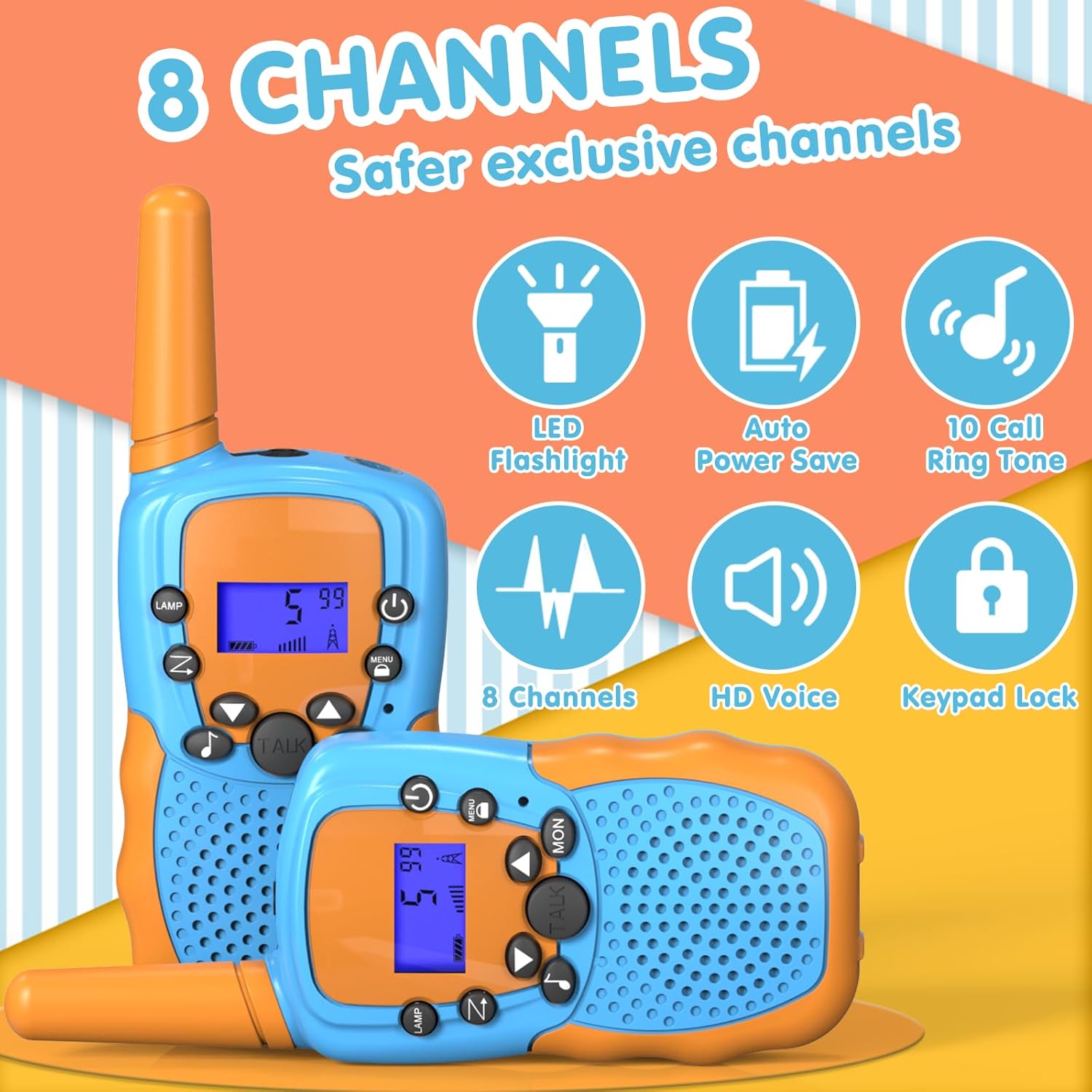 Diagram highlighting key features of the walkie talkie: LED Flashlight, Auto Power Save, 10 Call Ring Tone, 8 Channels, HD Voice, Keypad Lock.