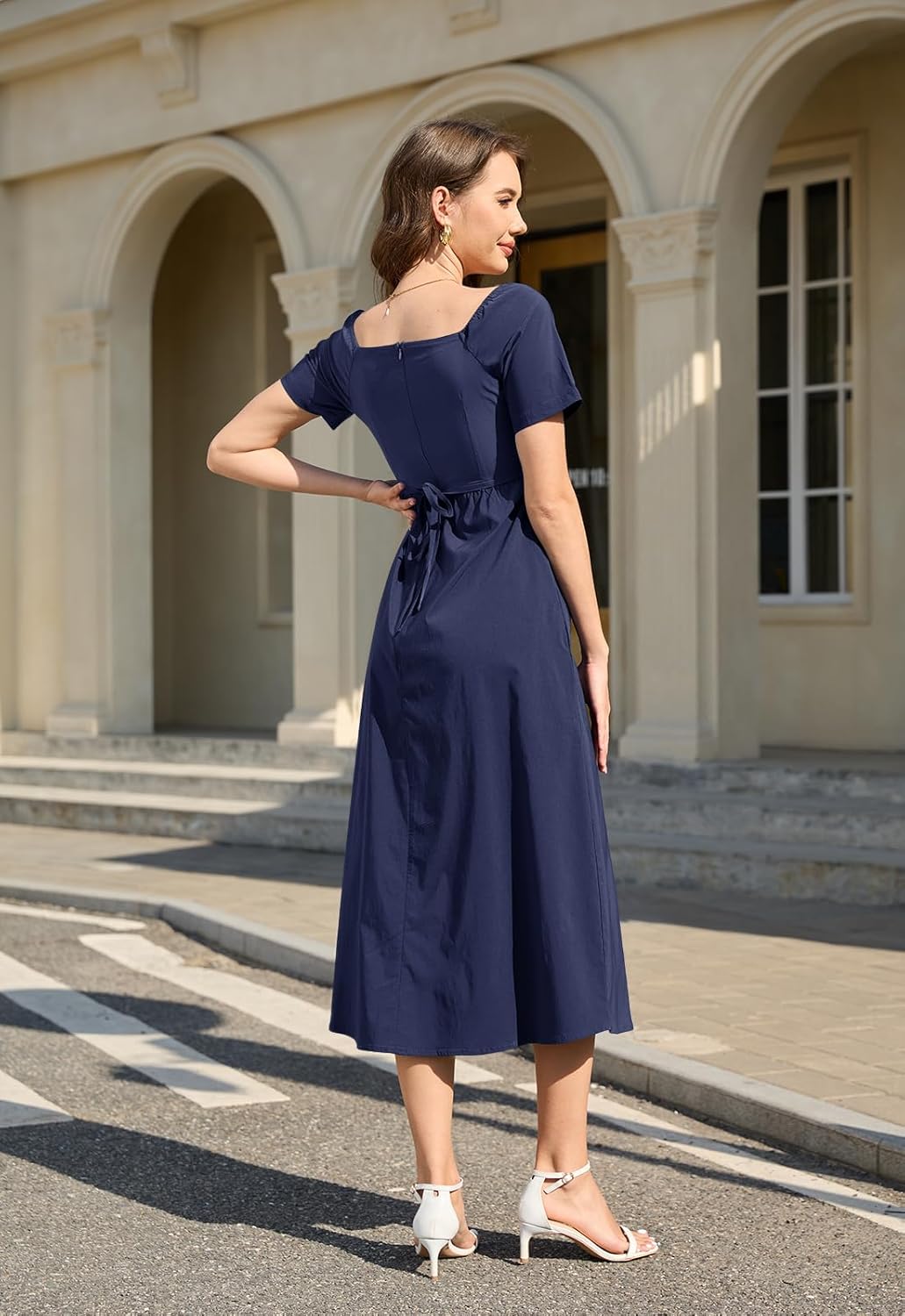 Jayscreate Women’s Casual Square Neck Long Halter Tie Dress Midi Short Sleeve 2025 Summer Flowy Dress A-Line for Women - Image 3