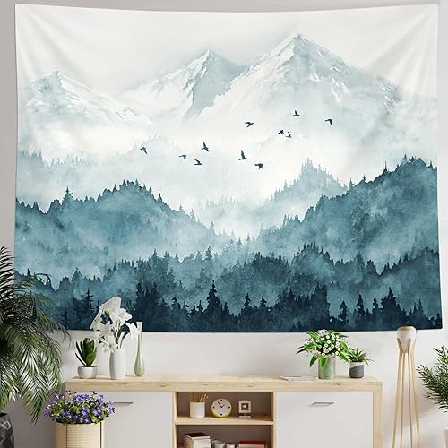 Miniatura 1 de kampdream Tapiz de bosque de montaña, tapiz de pared con diseño de árbol verde azulado brumoso, acuarela, arte de pared, tapiz de paisaje natural