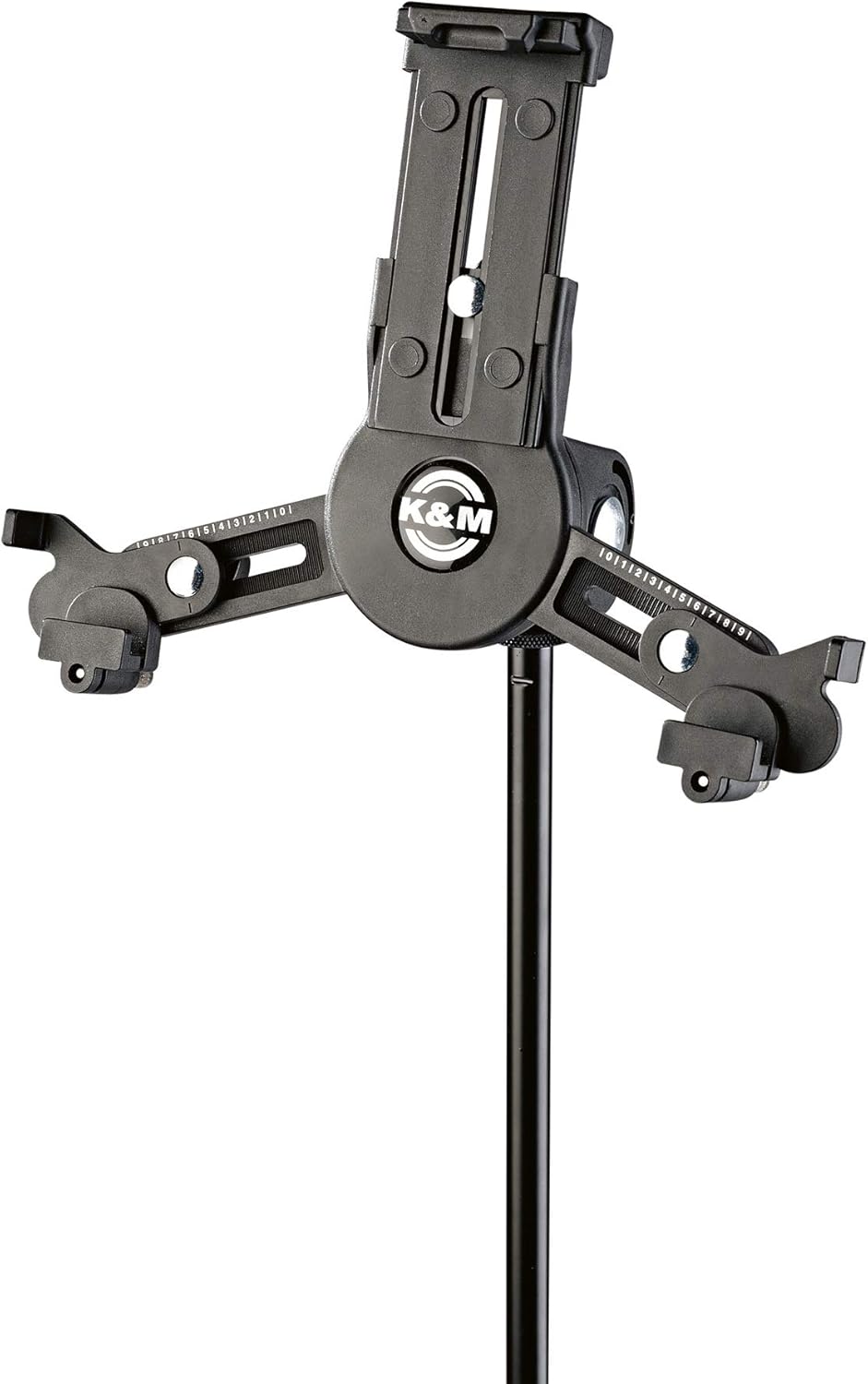 K&M Konig & Meyer 19795.500.55 - Universal Mini Tablet iPad Holder for Mic Stand - Switch Landscape to Portrait - Professional Grade for all Musicians - Studio or Remote Home Use - German Made - Black