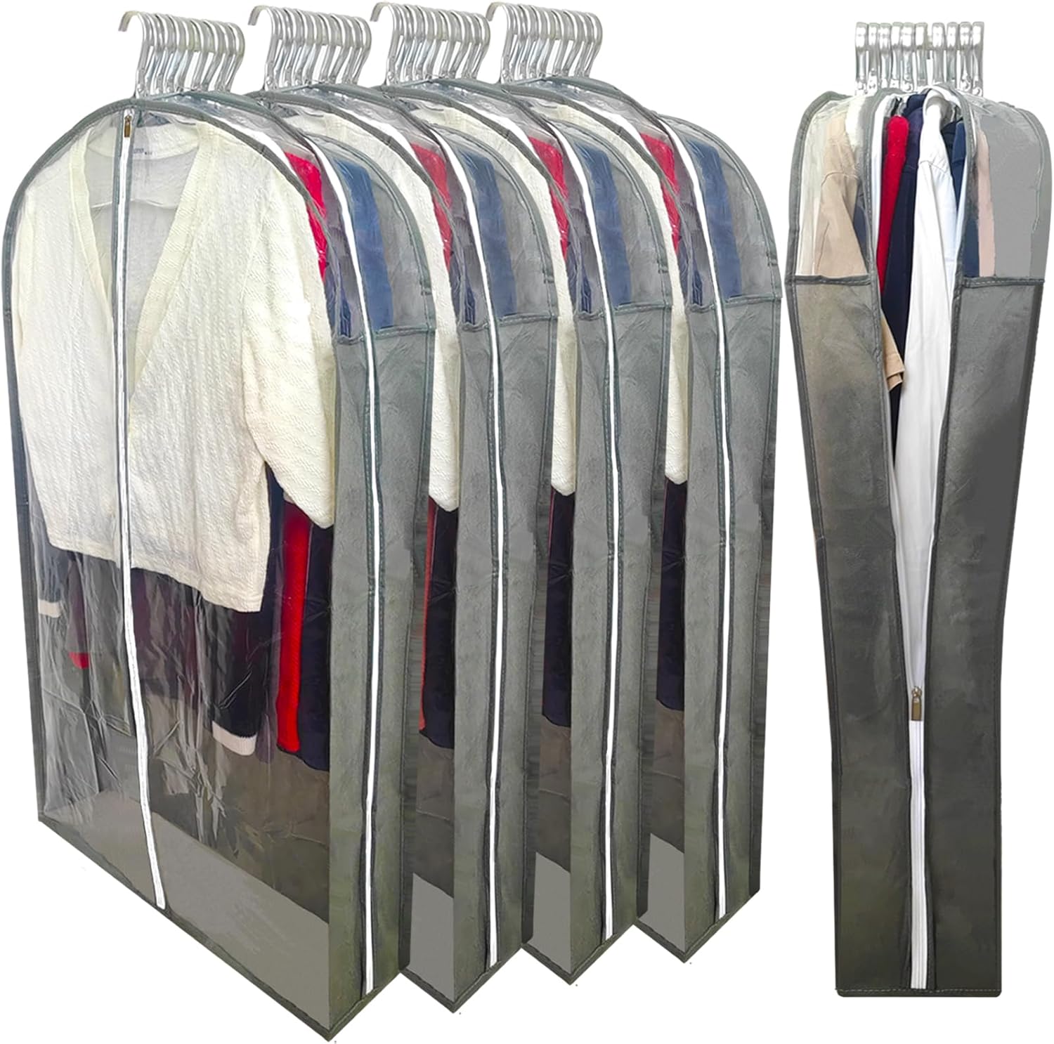 Suit Bags for Closet Storage with 6.3" Gusset, 40" Dust Proof Garment Bags for Hanging Clothes, Clear Suits Covers and Side Zipper Protector for Jacket, Coat, Sweater, Shirts, Clothing Grey/5 Packs