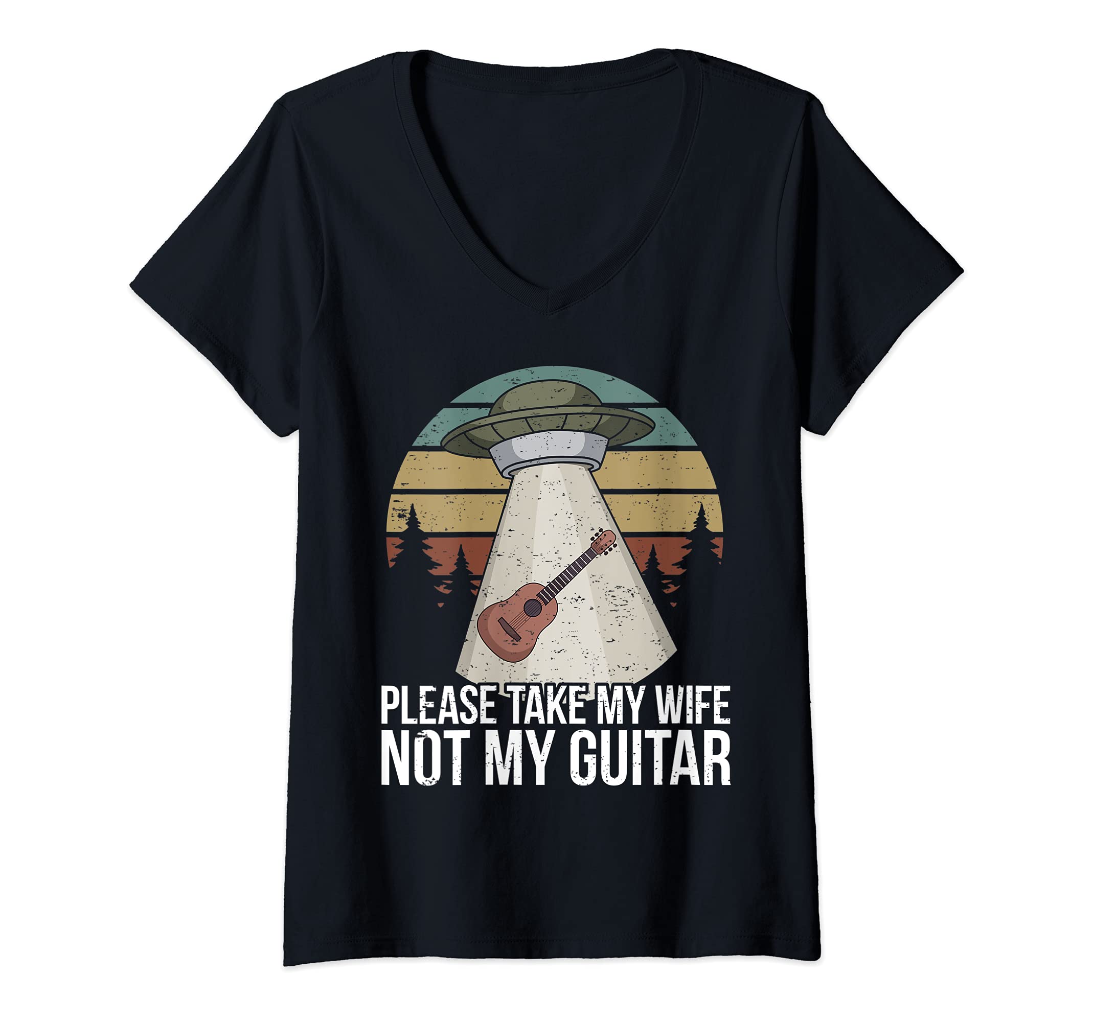 Womens Alien Guitar Player UFO Guitarist V-Neck T-Shirt, Black