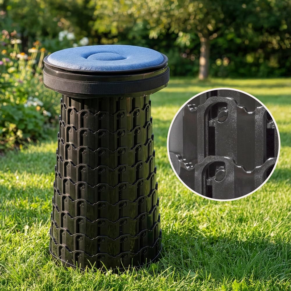 Taburete XXL de altura ajustable, ideal para camping, viajes y descansos, con cojín giratorio y espuma viscoelástica, portátil y soporta hasta 500 kg
