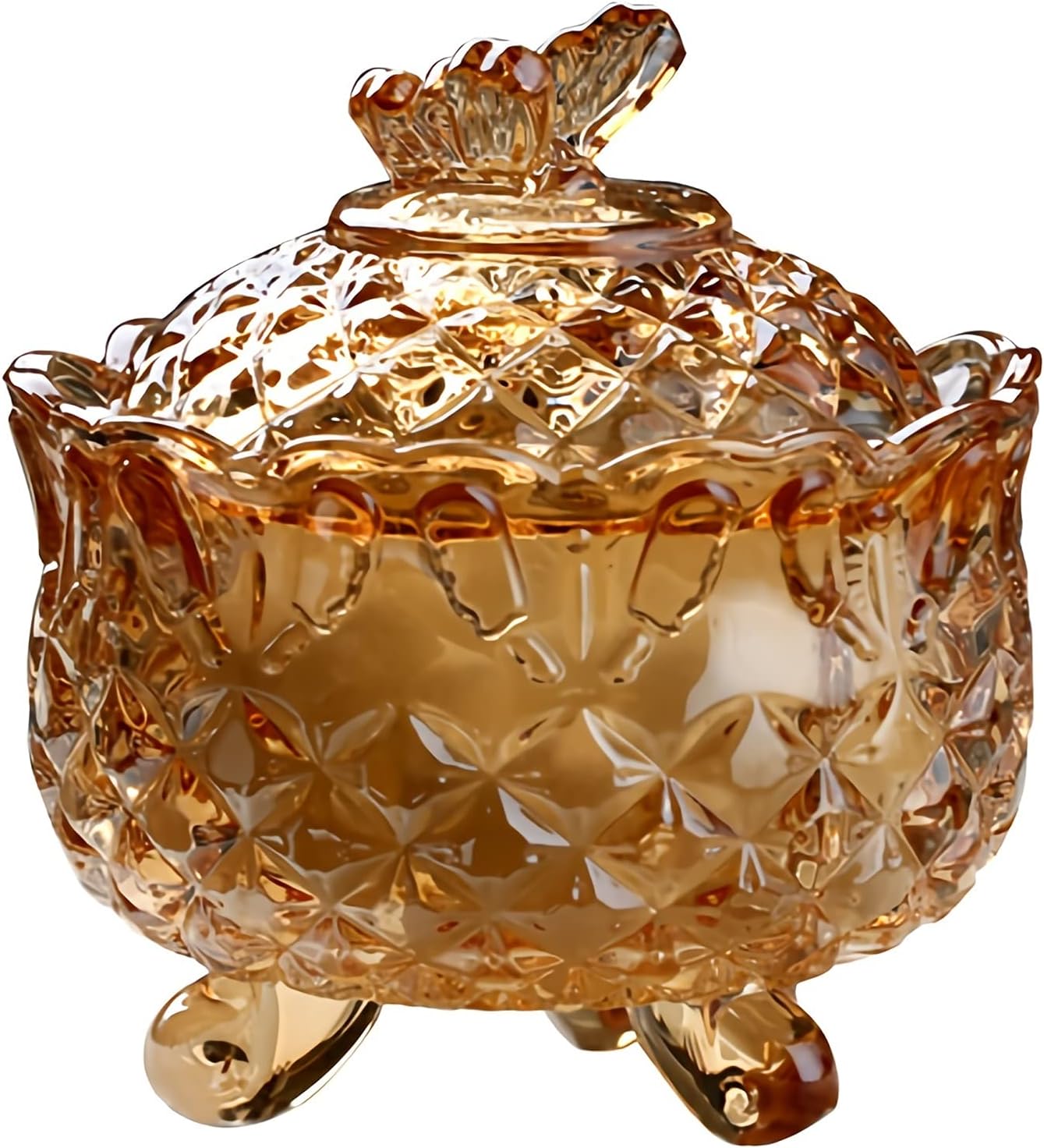 Sugar Bowl with lid Sugar Bowl Glass Sugar Bowl with Butterfly Shape Lid, Crystal Candy Dish Jewelry Dish Glass Jar, Clear-Amber Condiment Pots