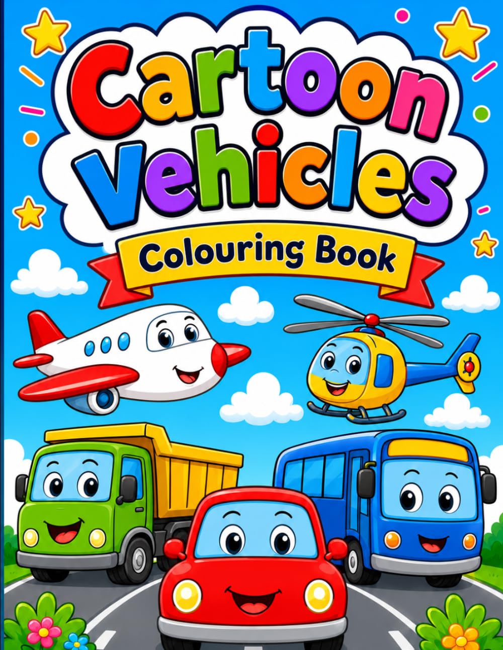 Cute Cartoon Vehicles Coloring Book: Fun and Easy Cars, Trucks, Tractors, Trains, Airplanes, and Construction Vehicles to Color