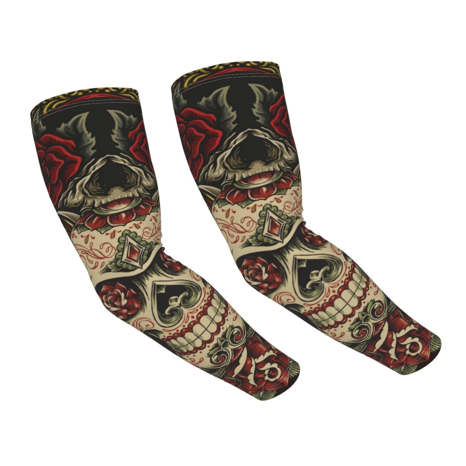 ANSGSD Tattoo Skull Rose Gardening Sleeves With Thumb Hole For Women Men, Farm Sun Protection Thorn Proof Cooling Arm Sleeves To Cover Arms For Garden Sports