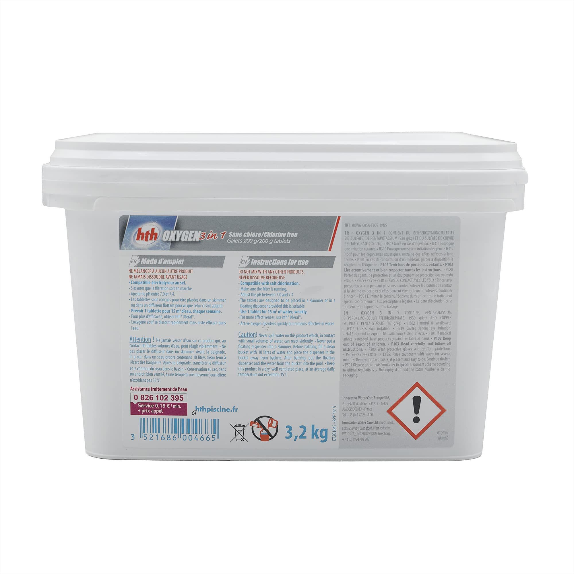HTH Oxygen 3 en 1 Galet Multi Fonction 200g - 3,2kg | Oxygène Actif Multiaction - Désinfection Régulière Multifonction - sans Chlore - Dissolution Lente + 10 Tests HPS OFFERTS 6 en 1
