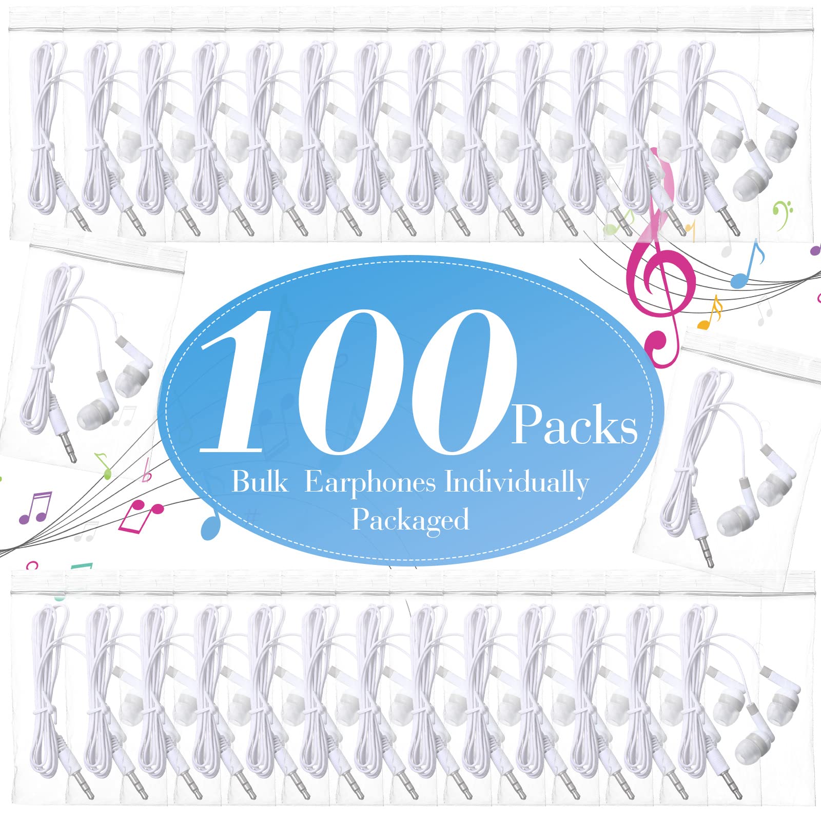 Konohan 100 confezioni di cuffie in-ear cablate auricolari per bambini cuffie per aula cablate auricolari per studenti bambini adulti scuola biblioteca laptop (bianco)