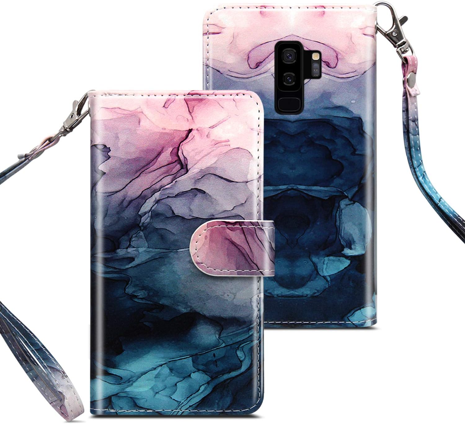 Dailylux Case for Samsung Galaxy S9 Plus 6.2” - [Built-in Card Slots] Premium PU Leather Folio Flip Wallet Case with Wrist Strap, Cash Holder, Magnetic Closure, Ink Watercolor