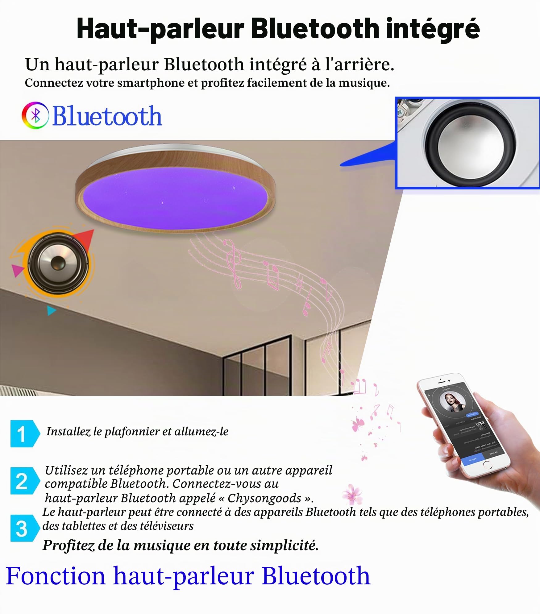 Plafonnier musical LED MW 40 cm, abat-jour effet grain de bois, compatible avec Alexa, haut-parleur Bluetooth intégré, effet de lumière RVB, intensité variable, avec télécommande