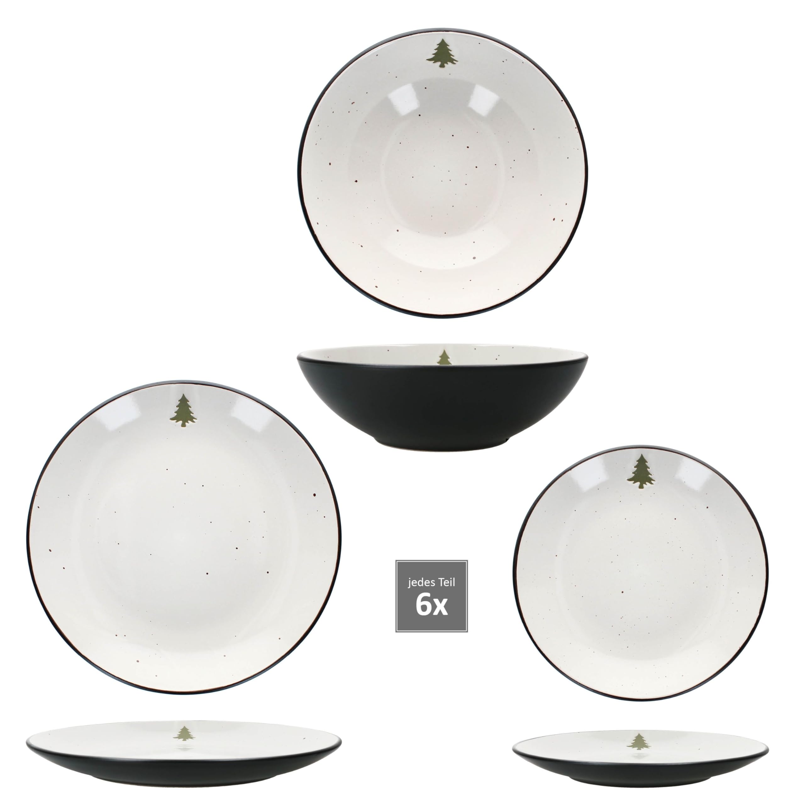 18tlg Tellerset Christmas Panther I Geschirr-Set aus Steingut I Creme mit Tanne & matt schwarzer Unterseite I je 6x Kuchenteller, 6x Suppenteller & 6x Speiseteller I Weihnachten