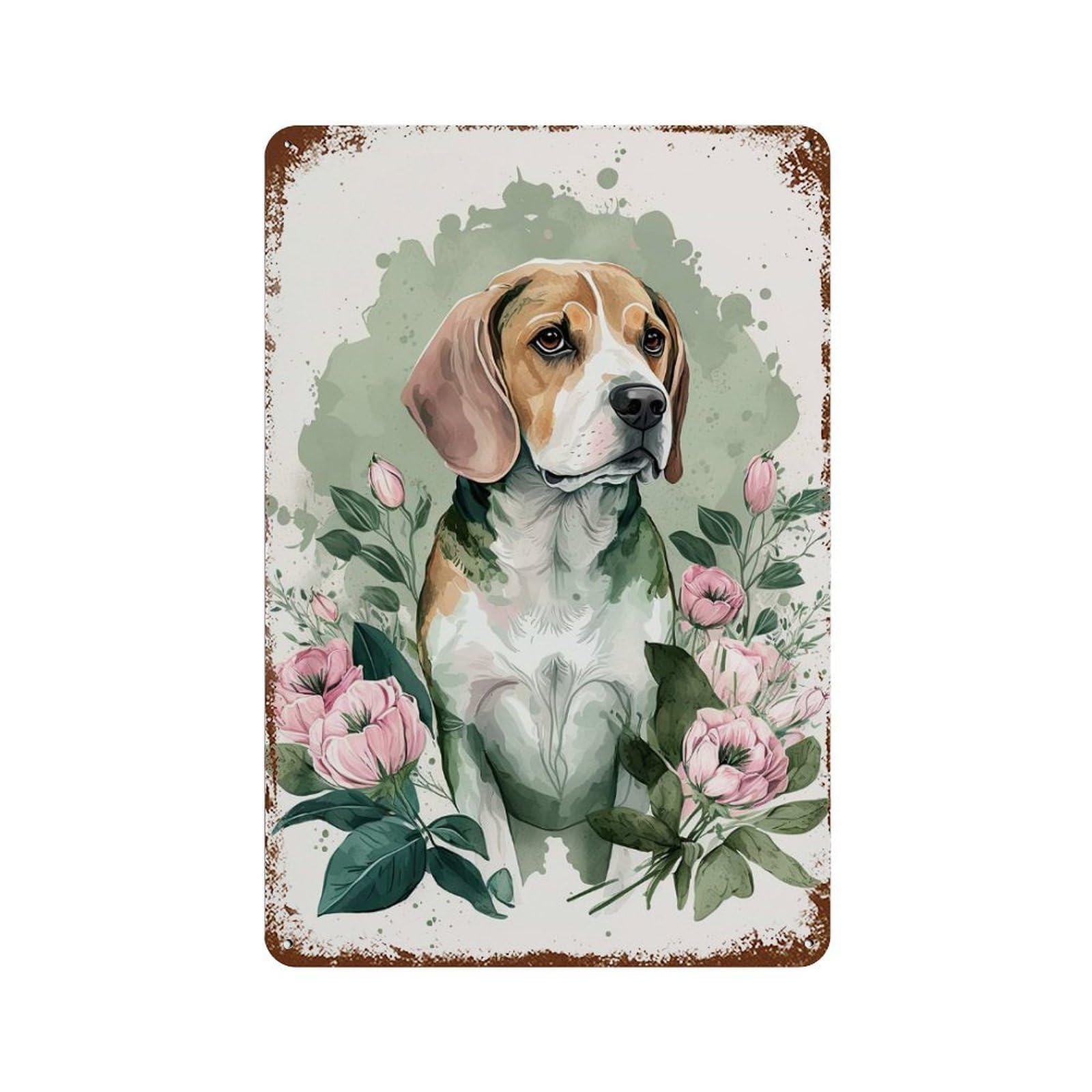 Decorative Tin Sign with Beagle Floral Portrait Design 11.8"x7.9", for Garage, Bar And Workshop Decor, Decorative Metal Wall Art