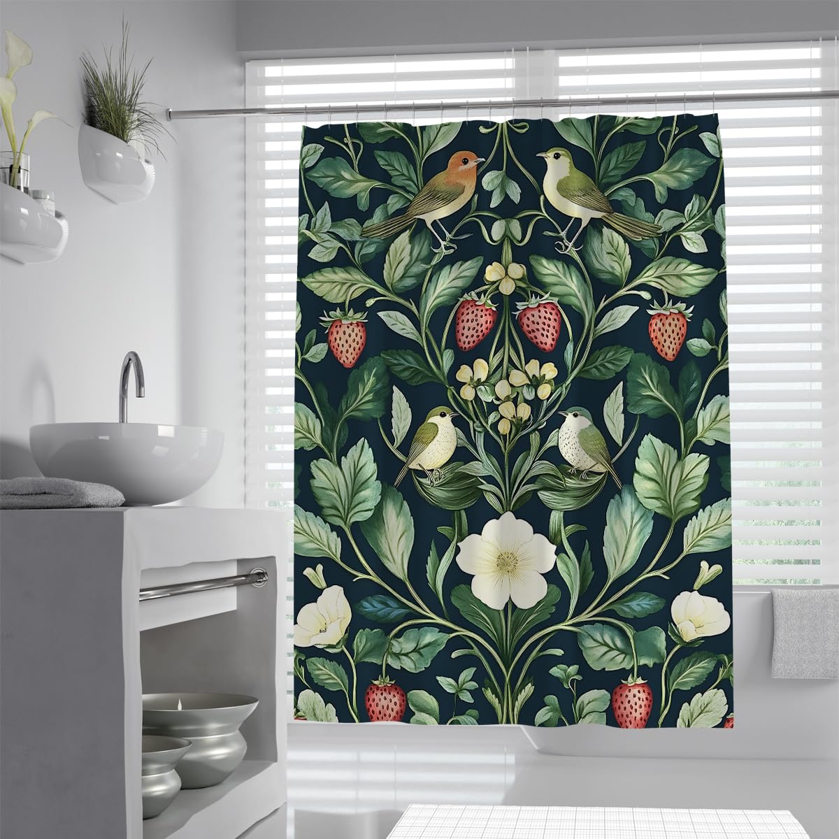 OLLIAR Home Vintage Shower Curtain 150x180 Vibrant Botanical Strawberry Bird Pastoral Green Shower Curtain Set for Bathroom Waterable Fabric Shower Curtains