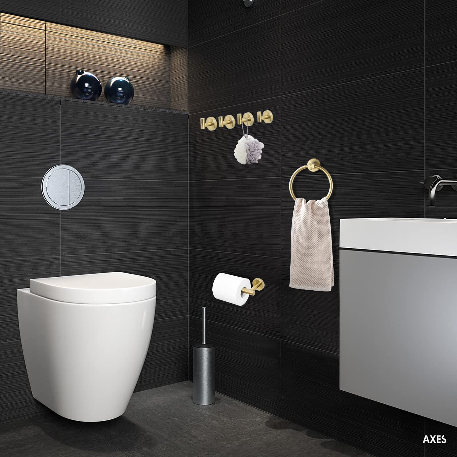 WEIKO Badezimmer-Set Gebürstetes Gold - Toilettenpapierhalter, 4 Haken & Handtuchring Aus Edelstahl