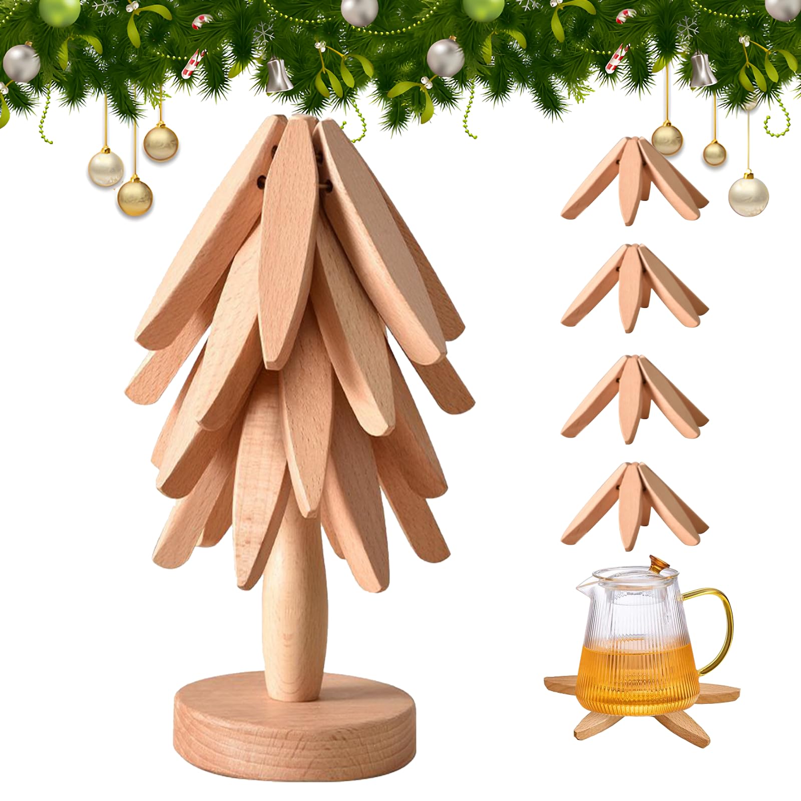 Wooden Trivets for Hot Dishes, Tree Shape Trivet Set, Foldable Kitchen Wooden Trivets, Tree Coaster for Hot Dishes、Pot、Bowl、teapot、hot Pot Holders (4