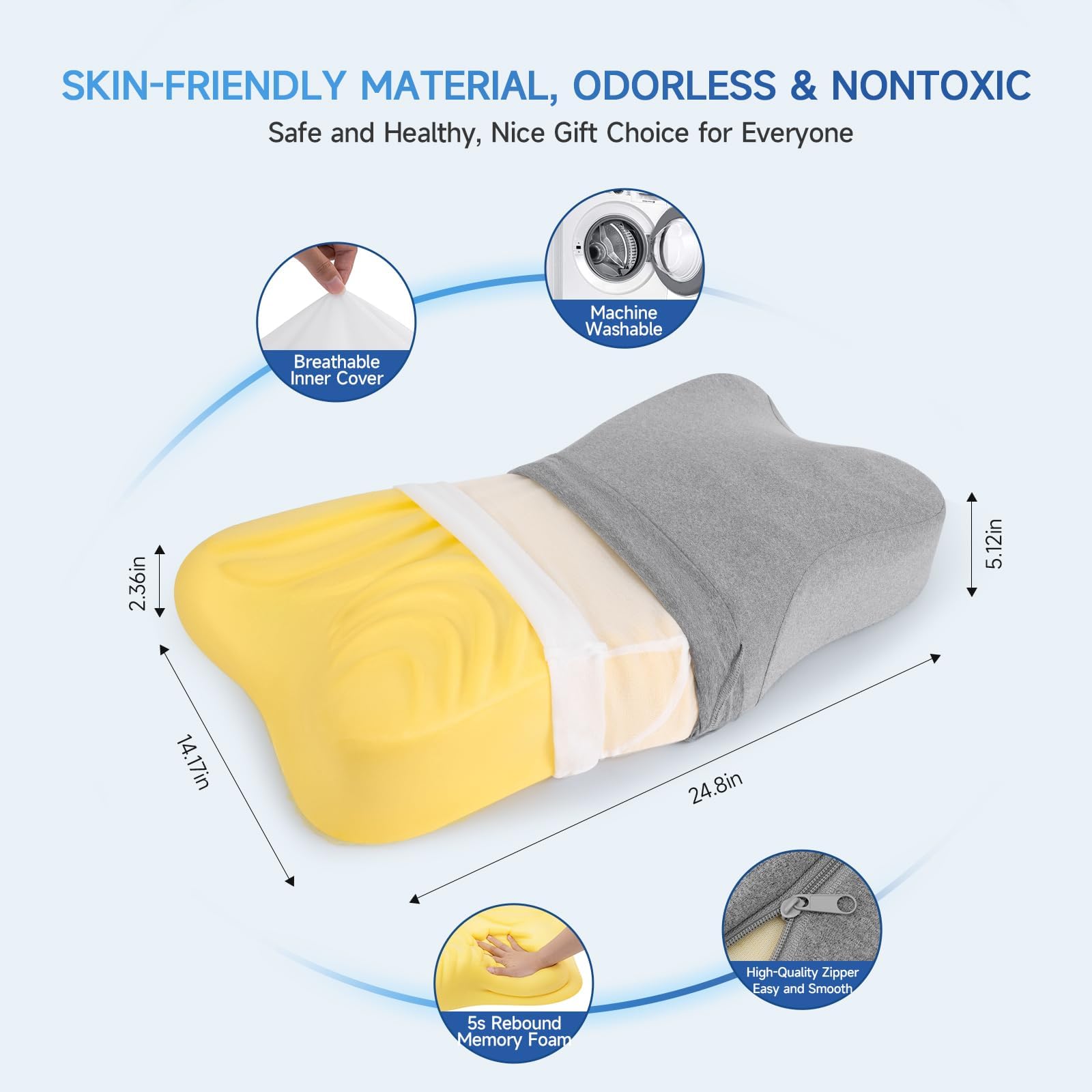 jiaao Almohada Cervical de Espuma Viscoelastica, Almohada Cervicales y Cuello, Almohada Ortopedica para Soporte de Cuello, Almohadas Ergonómico para Dormir de Lado y Boca Arriba, Gris Claro