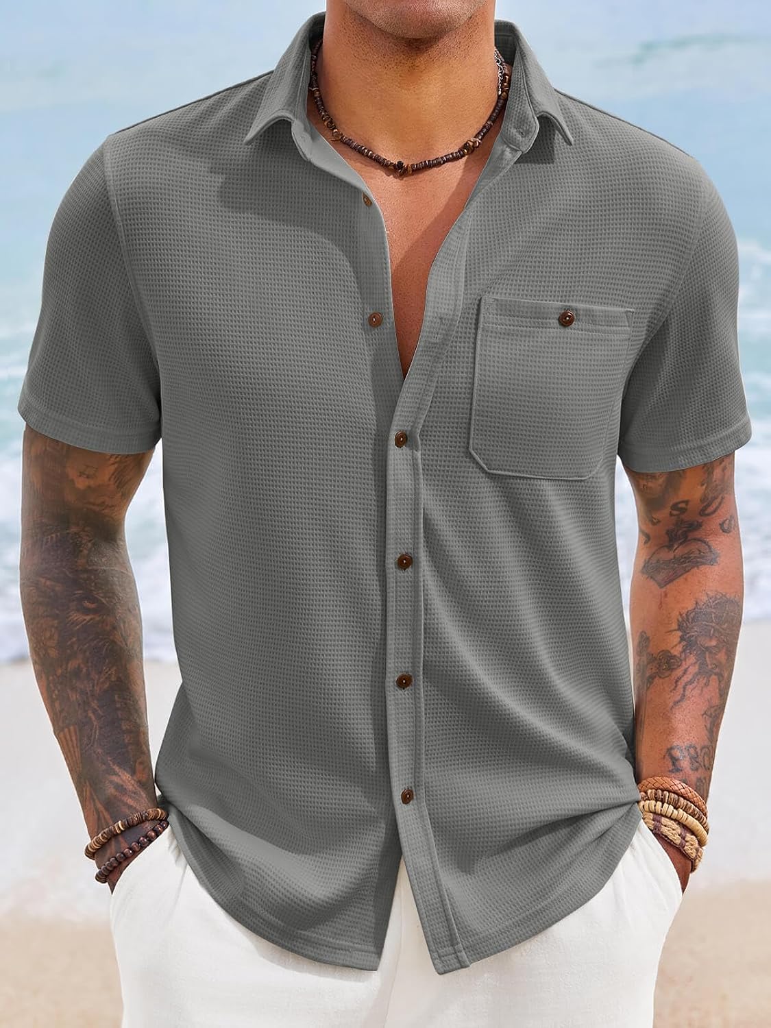 Yousify Mens Button Down Shirts Short Sleeve Waffle Knit Summer Casual Shirt Lightweight Beach Tops with Pocket