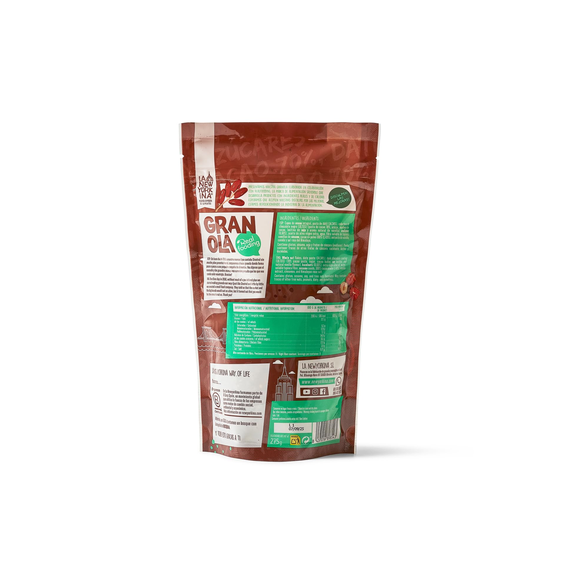 La Newyorkina Granola Real Fooding Con Cacao 70%, Avellanas y Pasta de Dátil