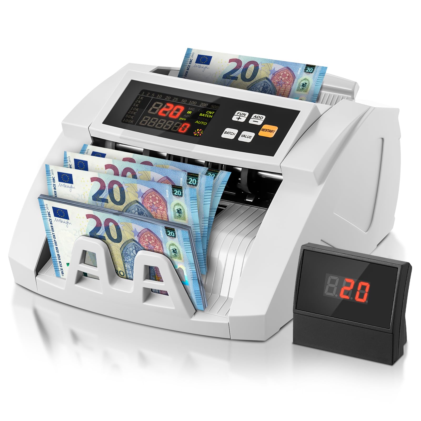 FOHERE Geldzählmaschine, Professioneller Geldzähler mit UV/MG/IR/DD Fälschungserkennung, 1100 Banknoten/Minute, LCD-Display, Wert- und Batch-Modus für Geschäfte, Banken und Restaurants