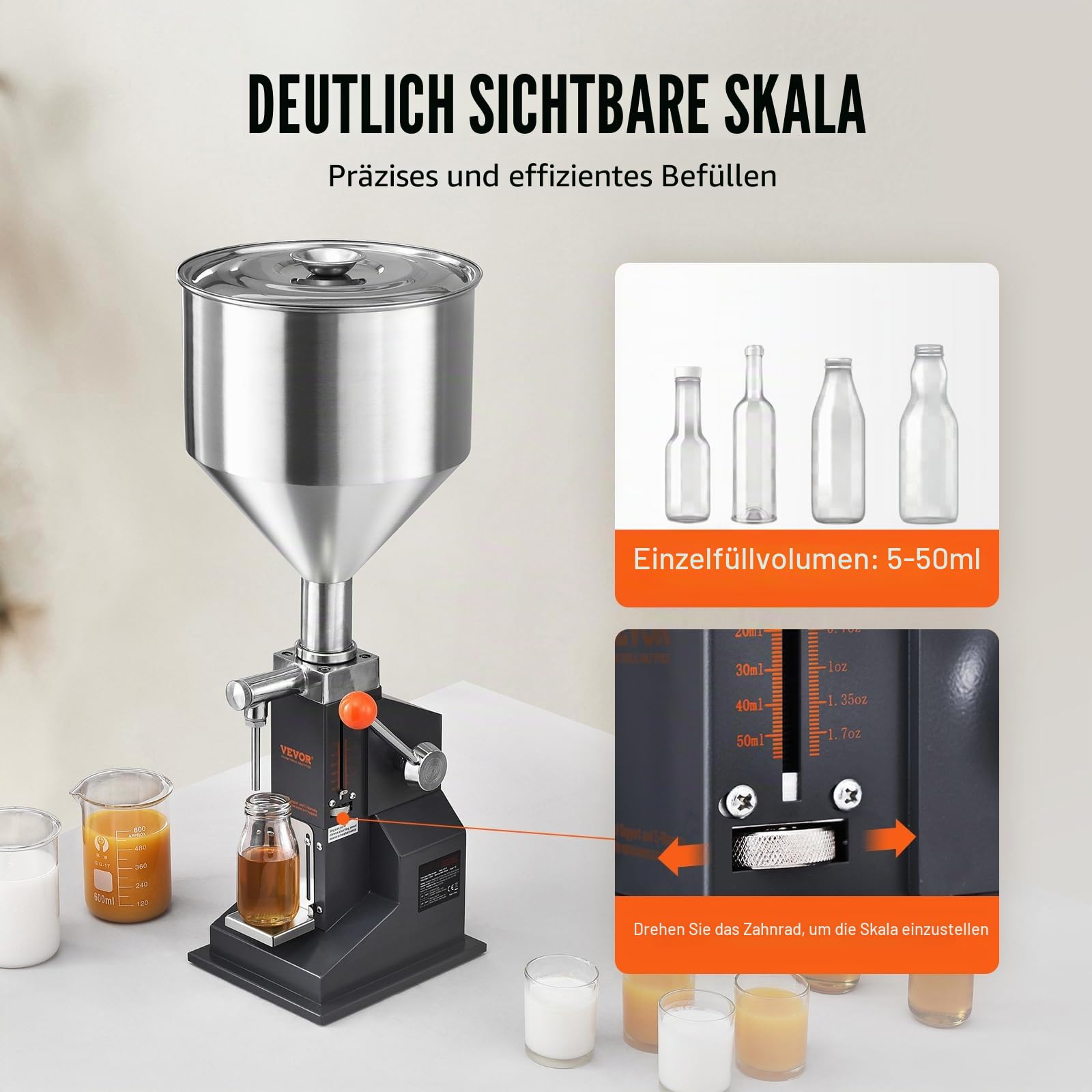 VEVOR 5–50 ml Abfüllmaschine Manuell Flüssigkeitsabfüllmaschine aus lebensmittelechtem Edelstahl 304 Silikon PTFE Filling Machine Inkl. zwei Düsen 4 mm / 8 mm ideal zum Abfüllen von Honig Öl Essenz