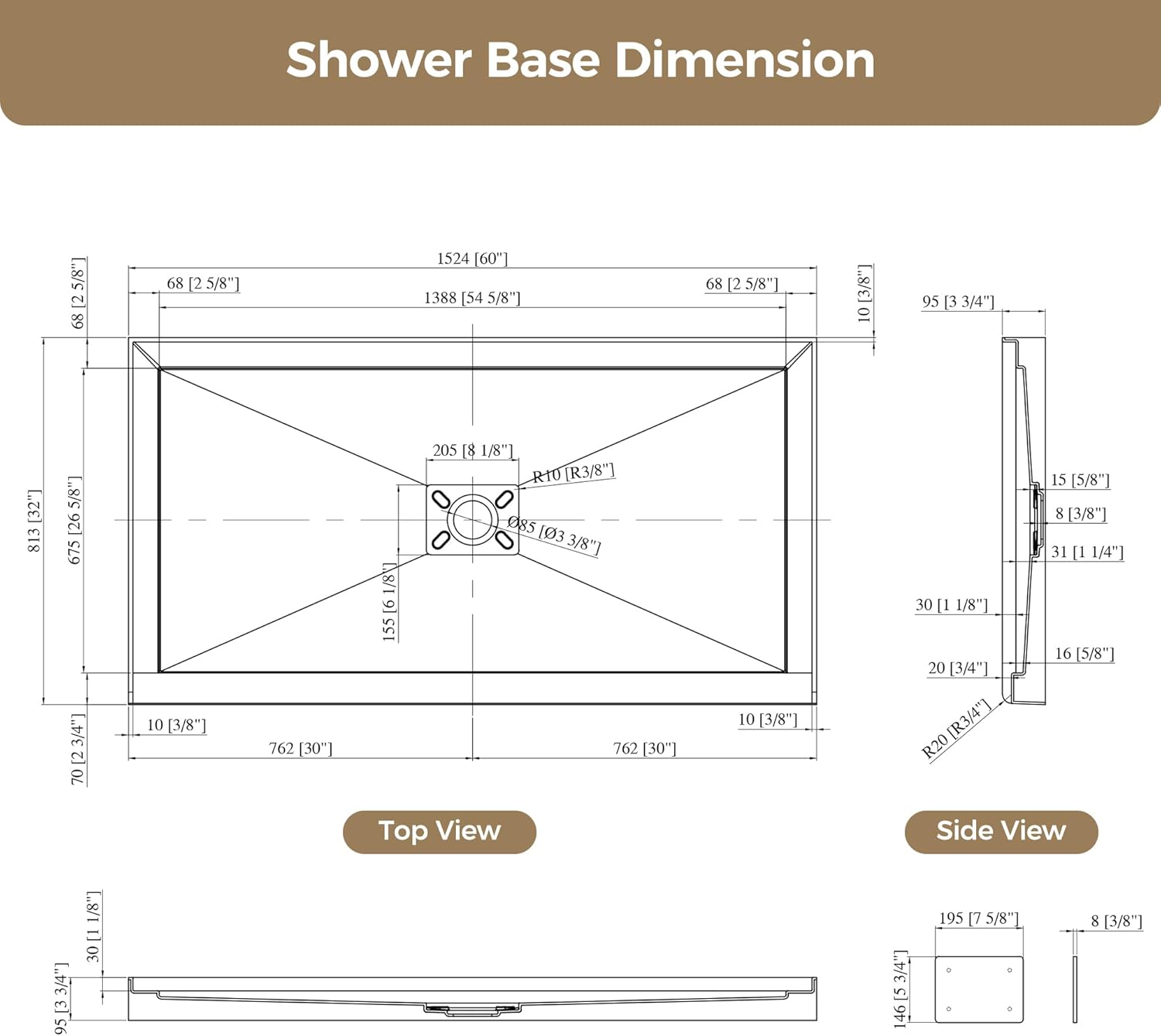 60x32 Inch White Acrylic Shower Base, Center Drain, Non-Slip Textured Surface, Single-Threshold Design for 3-Wall Alcove Installation, Fiberglass Reinforced, Easy Cleaning & Anti-Yellowing