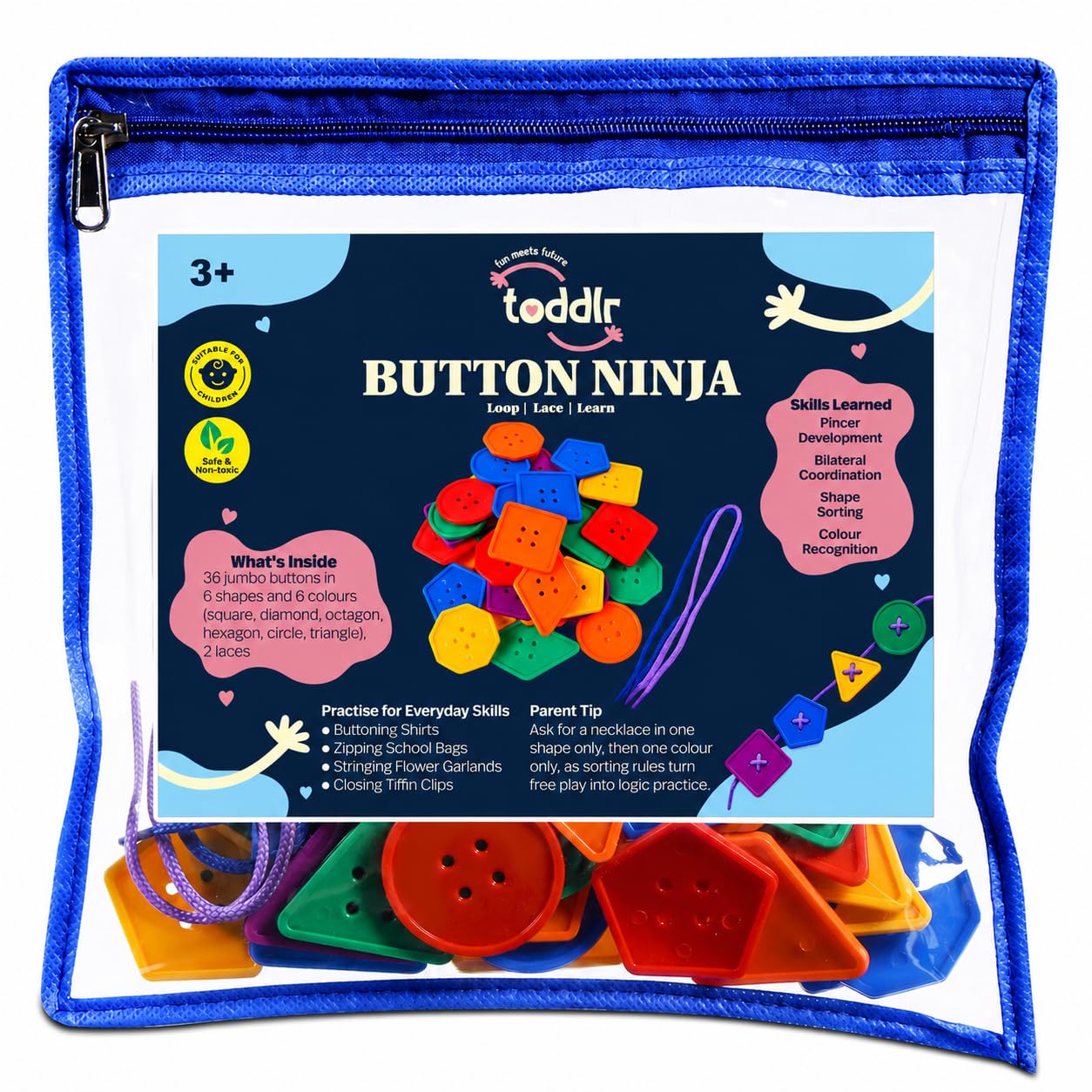Jumbo Lacing Button Ninja & Sorting Beads Toy (36 Pcs, 2 Laces) | Fine Motor & Pincer Grip Educational Toy for Kids | Learning Activity to Develop Shape & Colors Recognition 3+ Years-image-24