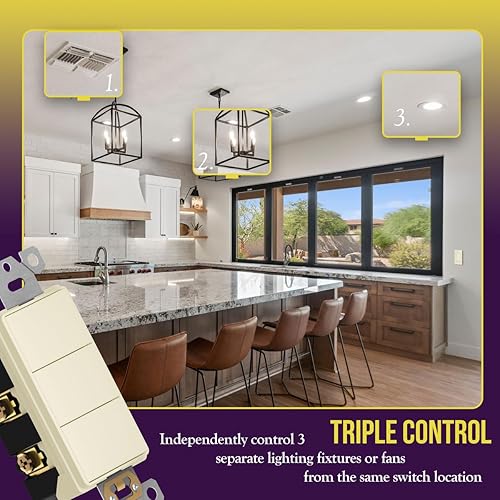 Miniatura 9 de ENERLITES Interruptor decorativo de combinación triple basculante de paleta, acabado brillante, terminal de tierra, cableado lateral, solo cobre,