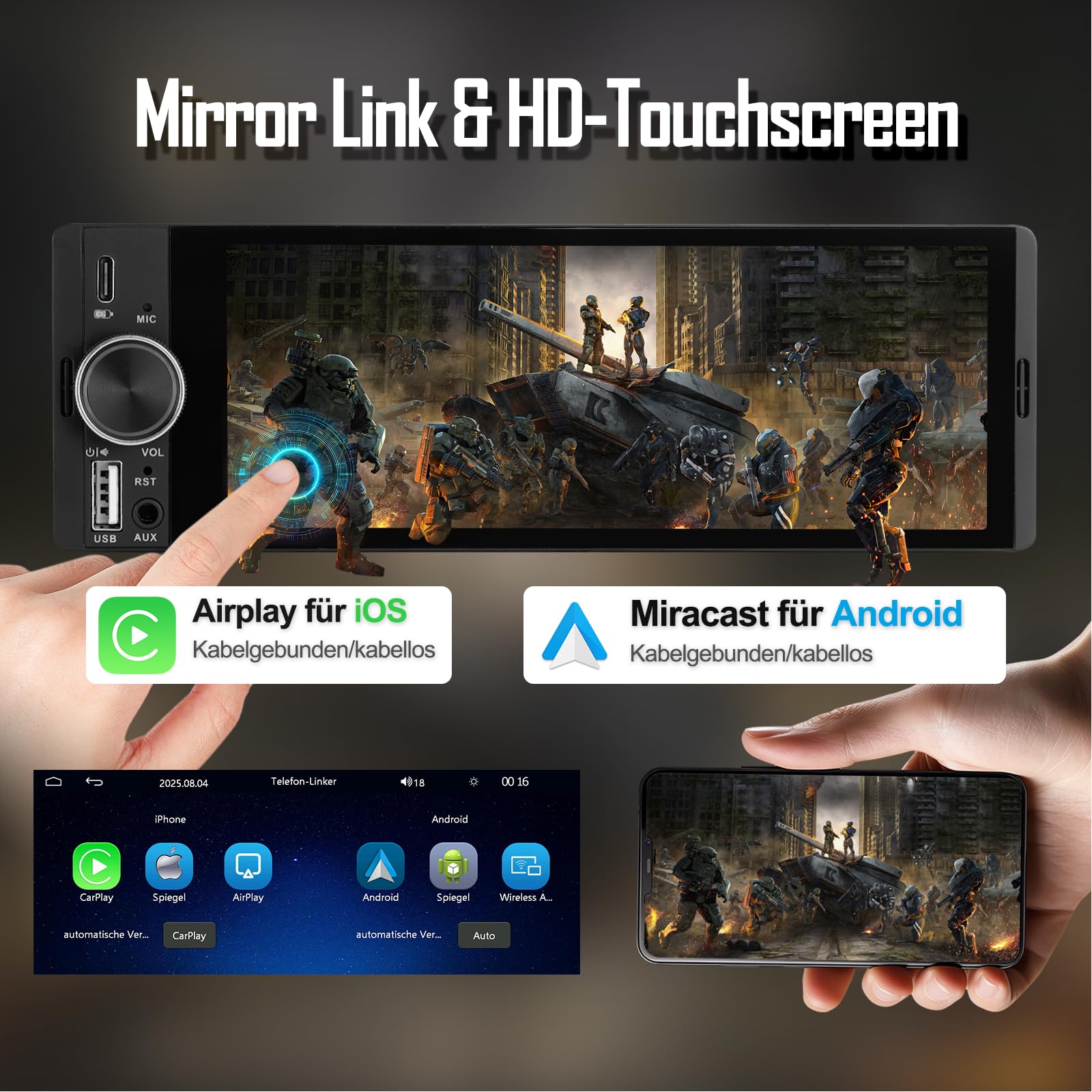 1 DIN Autoradio mit Wireless CarPlay & Android Auto, Auto Radio mit Bildschirm, GPS Navigation, FM, Bluetooth, Freisprecheinrichtung, Lenkradsteuerung, EQ, MirrorLink, AUX