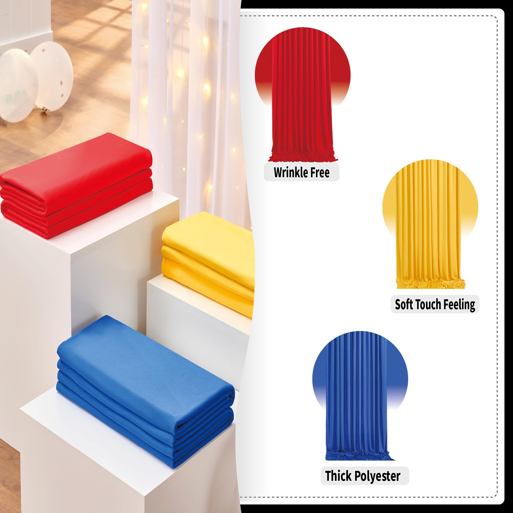 Hintergrundvorhang Für Partys – 3 M X 4,5 M, 6 Paneele, Gelb-rot-königsblau, Knitterfrei