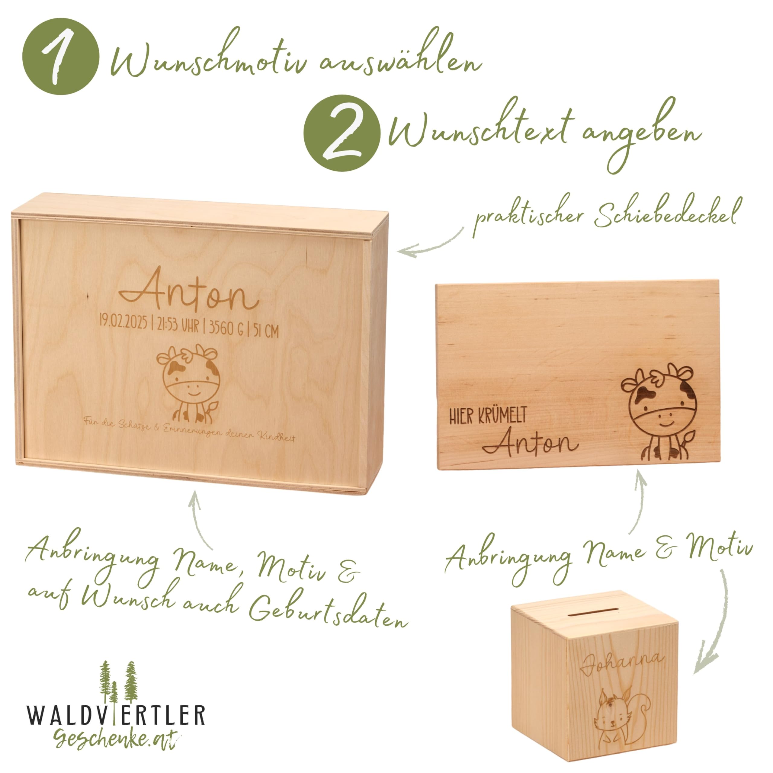 Sparset zur Geburt – Erinnerungsbox M mit Schiebedeckel + personalisierte Spardose + Krümelbrett mit Name – handgefertigt & individuell graviert