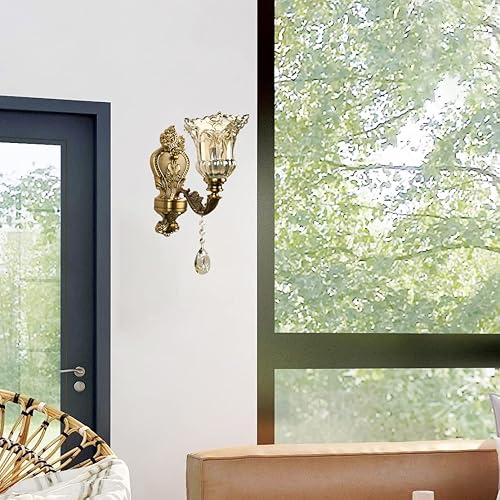 Miniatura 4 de Juego de 2 apliques de pared de cristal, lámpara de pared de latón antiguo, lámpara de pared floral de cristal para entrada, dormitorio, pasillo