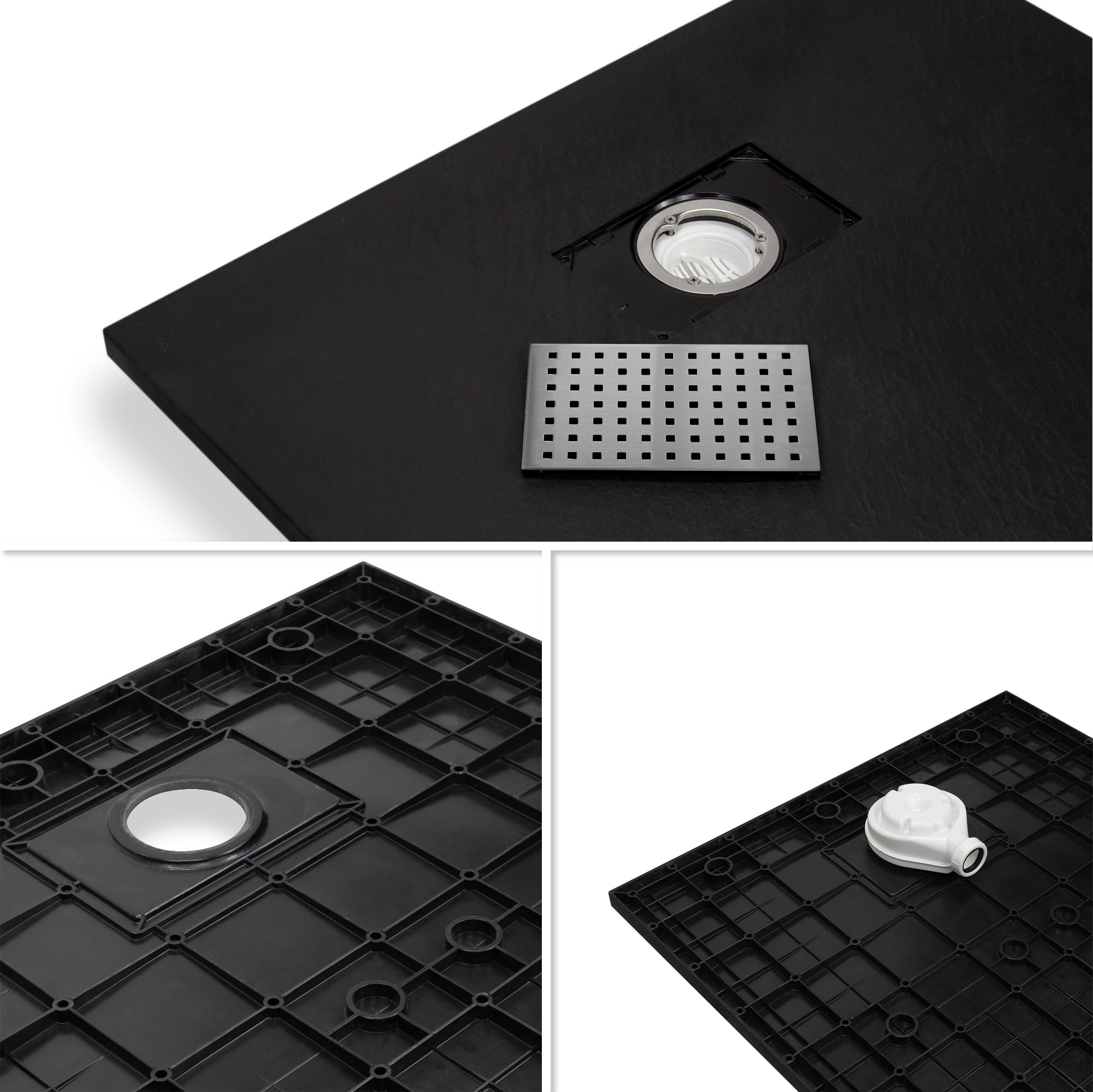 Plato de ducha 70 x 160 cm BOREAL negro RAL 7021 resina SMC extraplano 26 mm, antideslizante con tecnología GRIPSTONE, textura pizarra, válvula de desagüe y rejilla en inox