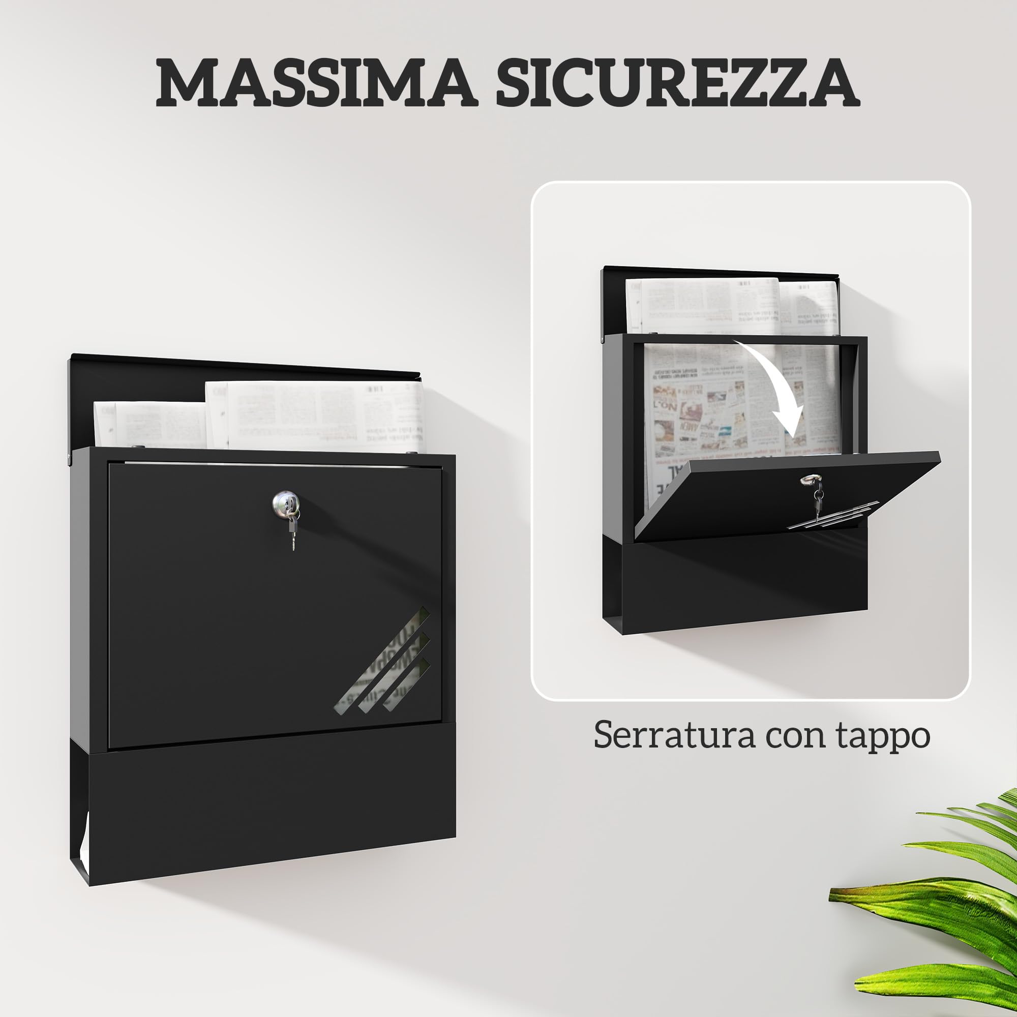 HOMCOM Cassetta Postale a Muro con Finestrella, Serratura e 2 Chiavi, Cassetta delle Lettere Max A4 in Metallo, 30x8.5x32.5 cm, Grigio Carbone