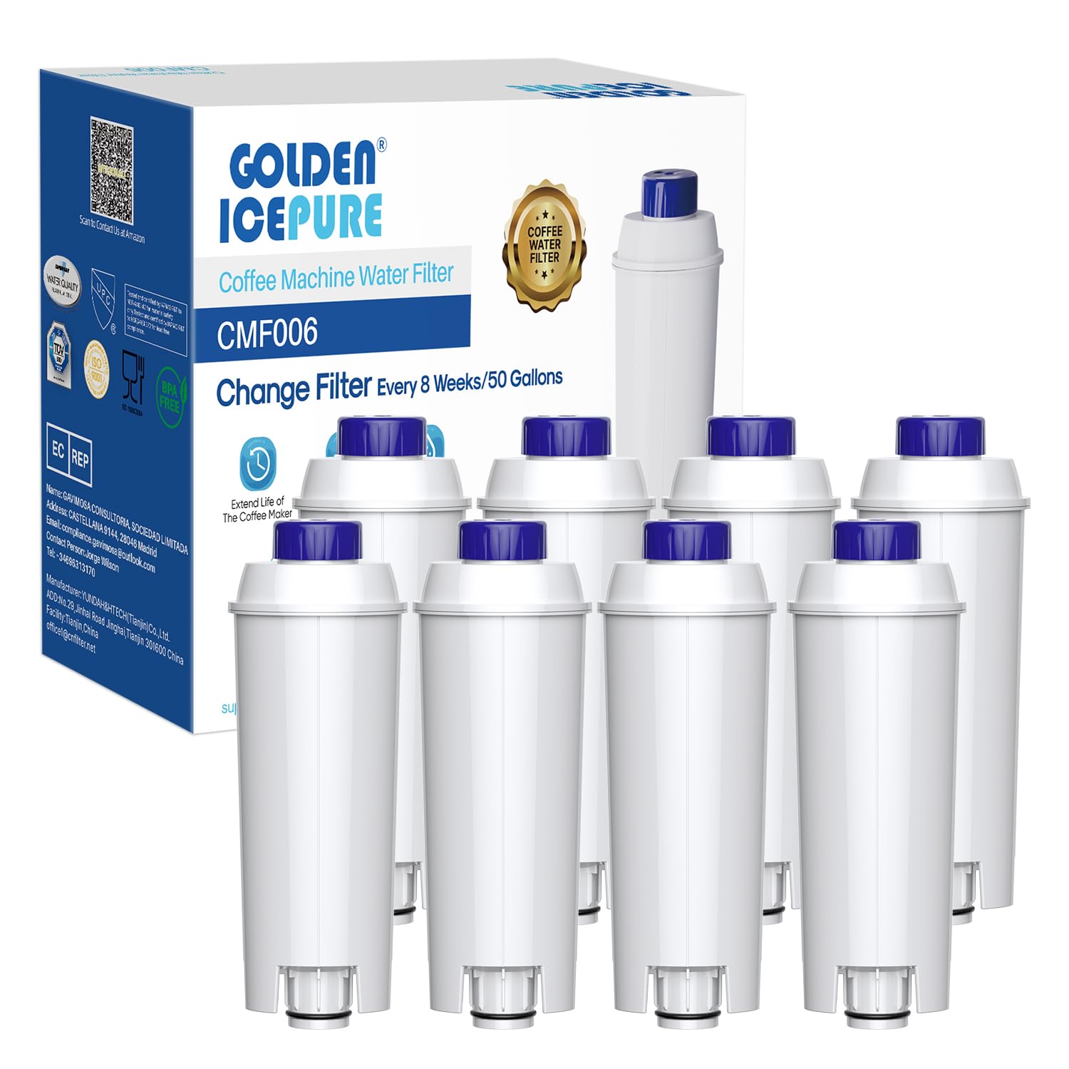GOLDEN ICEPURE Coffee Machines Water Filter Compatible with De'Longhi DLSC002, SER3017 & 5513292811,De Longhi,ECAM, Esam, ETAM, BCO, EC-Series (8 Count (Pack of 1))