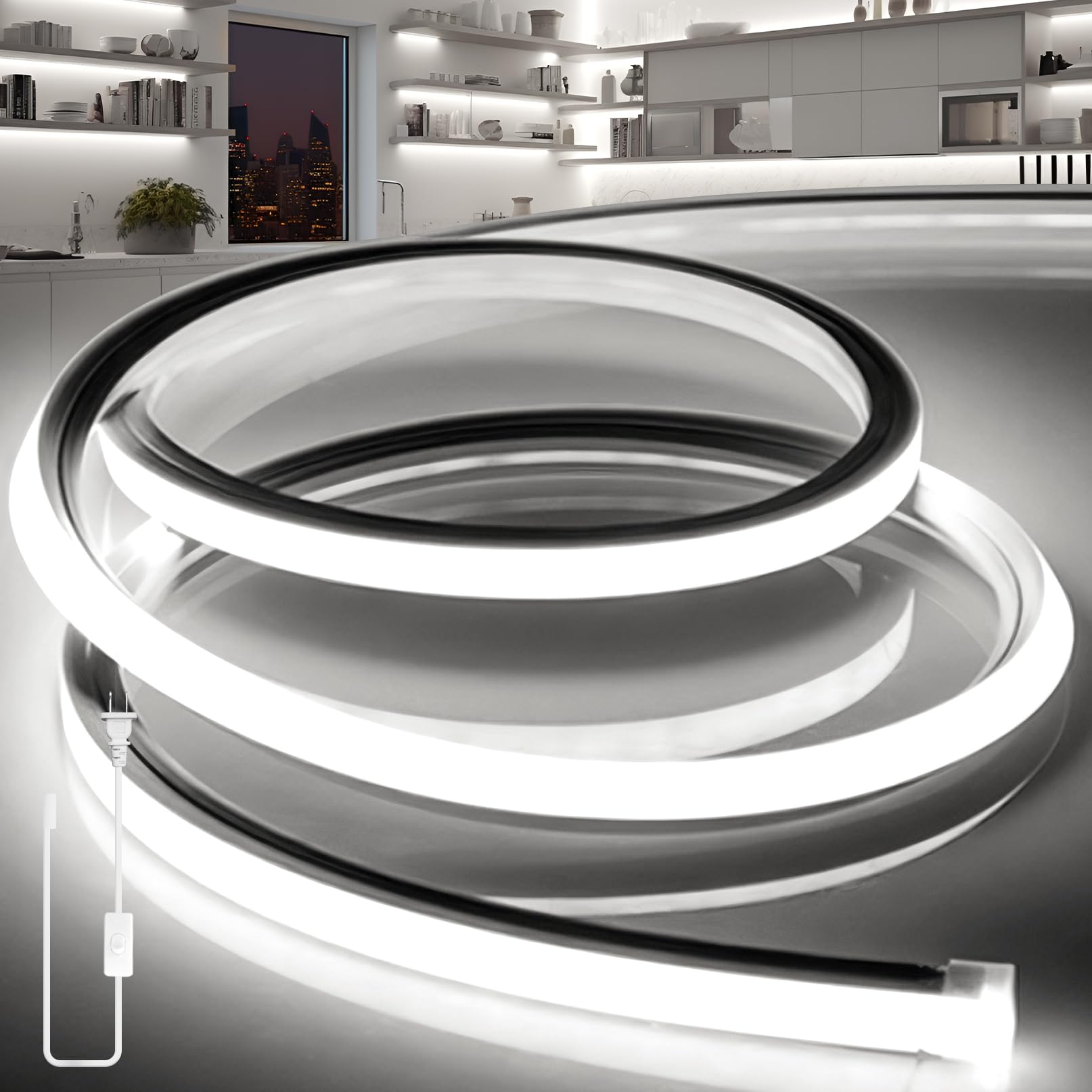 LED Strip Lights Daylight White 6000K,16.4ft 110-120V Neon Rope Lights,Flexible Silicone Outdoor Waterproof Neon Strip Lights for Bedroom,Mirror,Kitchen Cabinet, Living Room,Halloween Decor