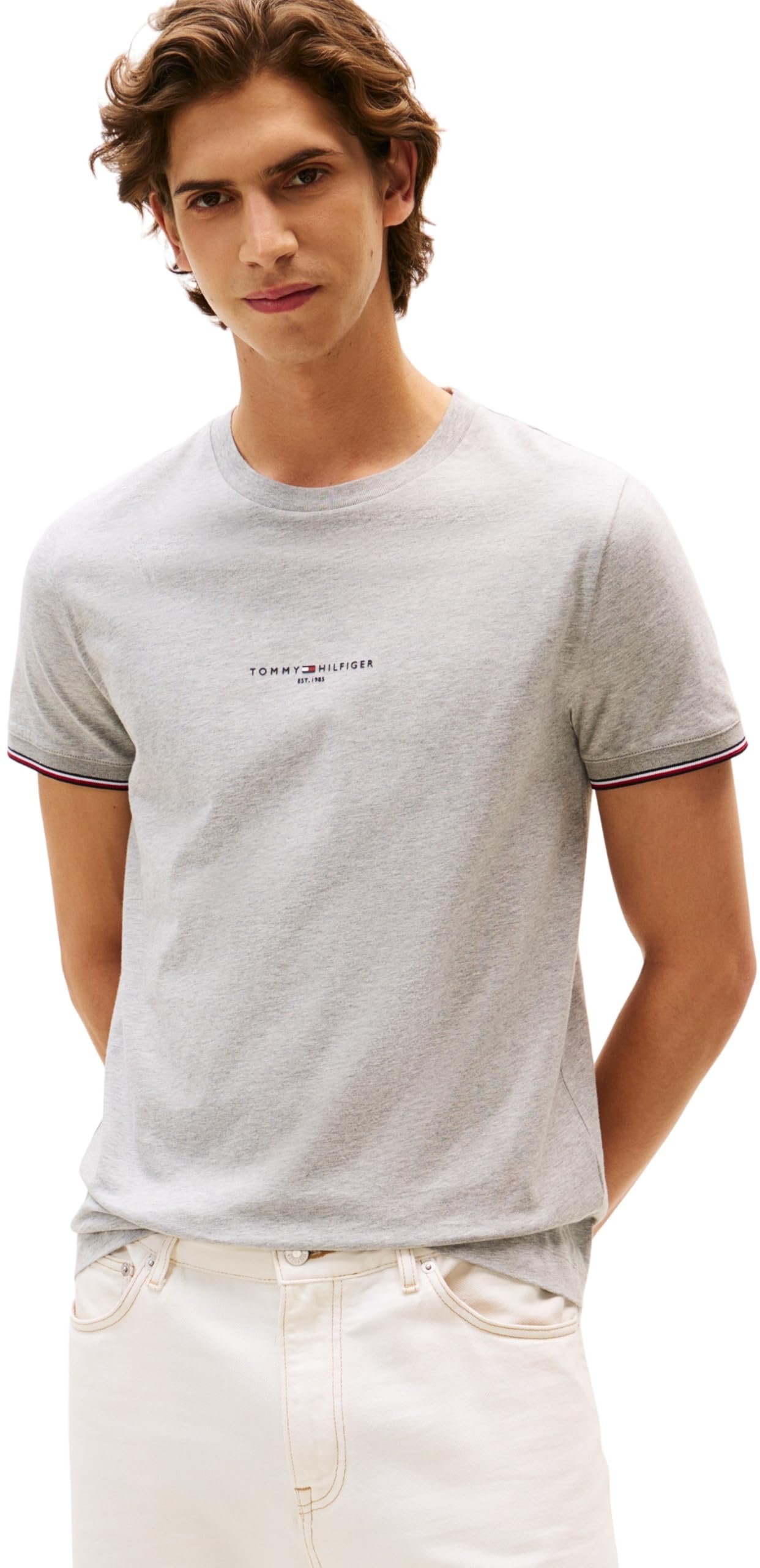Tommy Hilfiger Herren T-Shirt Kurzarm Logo Tipped Rundhalsausschnitt, Grau (Light Grey Heather), XS