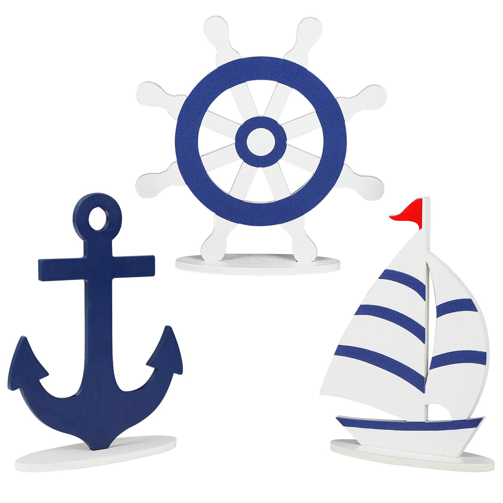 Wooden Nautical Decor Set of 3, Double-Sided Anchor Sailboat Tiered Tray Decorations, Summer Wood Cruise Ship Wheel Sign for Tabletop, Home, Desk, Shelf, Party Decoration
