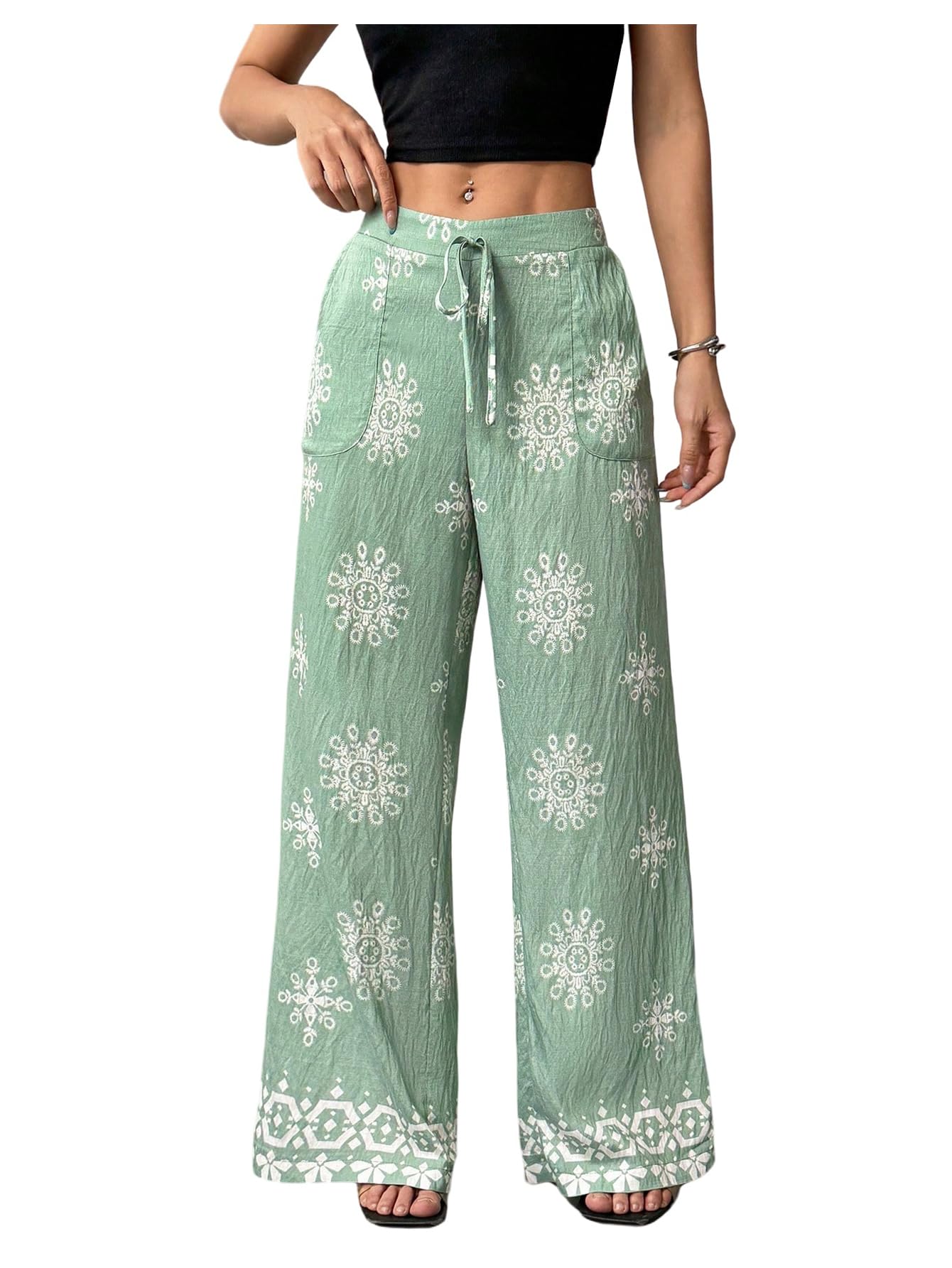 Floerns Womens Graphic Wide Leg Pants Bow Elastic Waist Beach Vacation Trousers