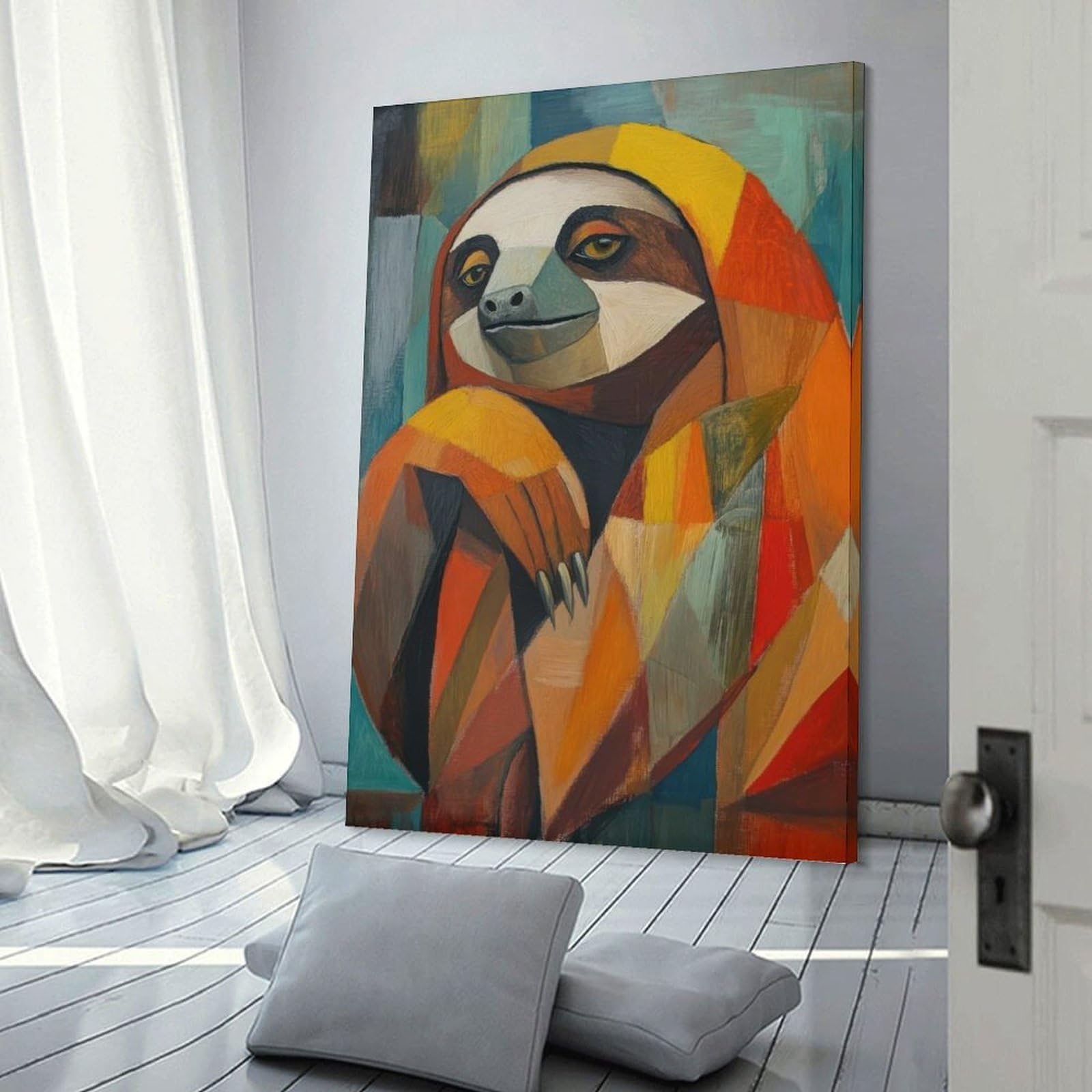 Junmoney Frame-Style-6-1 Canvas Wall Decor Sloth Oil Painting, 24X36inch(60X90cm), For Flats, Guest Rooms Or Compact Rooms, Wall Decor With Flexible Room Appeal