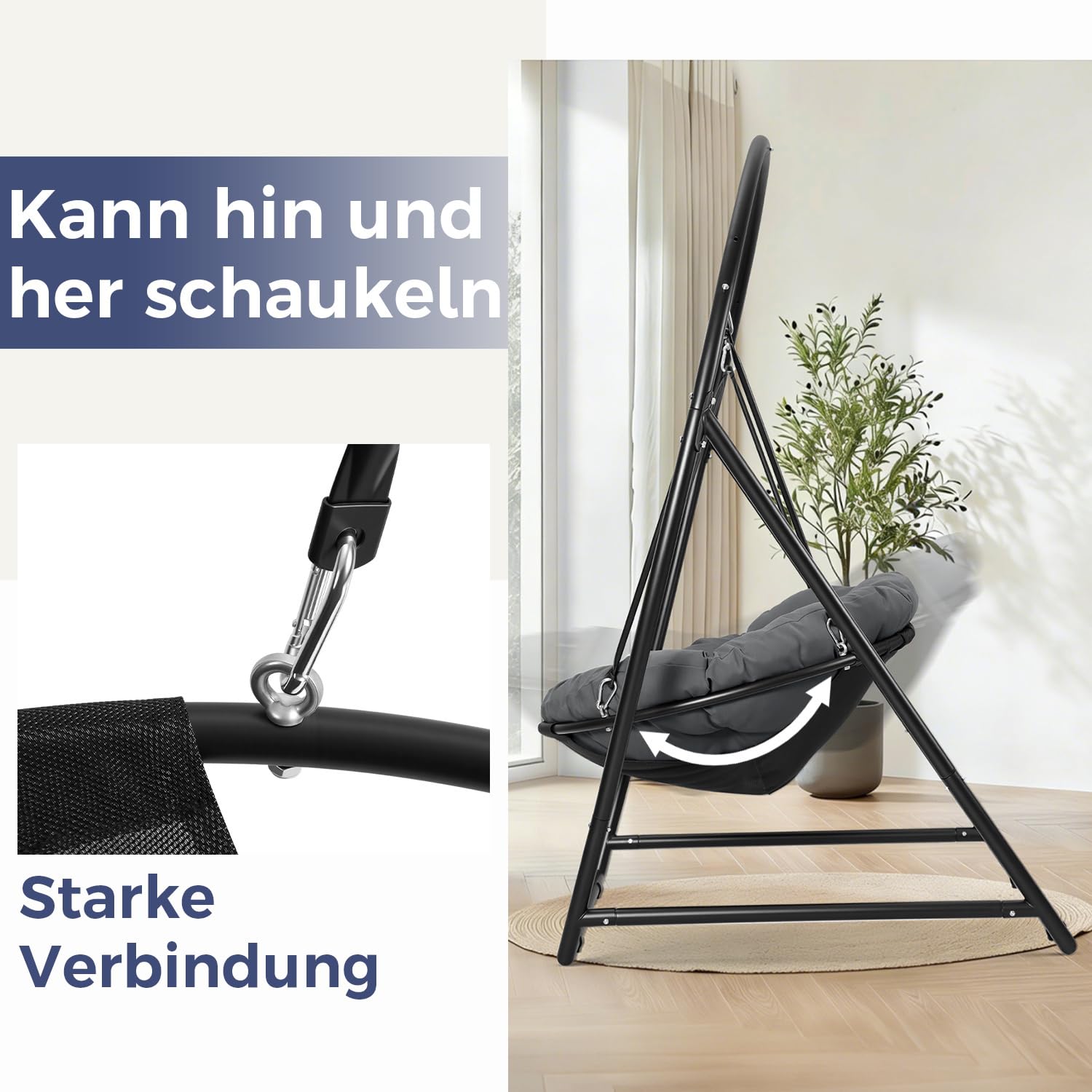 Hängesessel mit Gestell, Runder Hängesitz für Indoor und Outdoor, mit Großem Sitzkissen 100cm, Höhenverstellbar, bis 150kg Belastbar, Schwarz