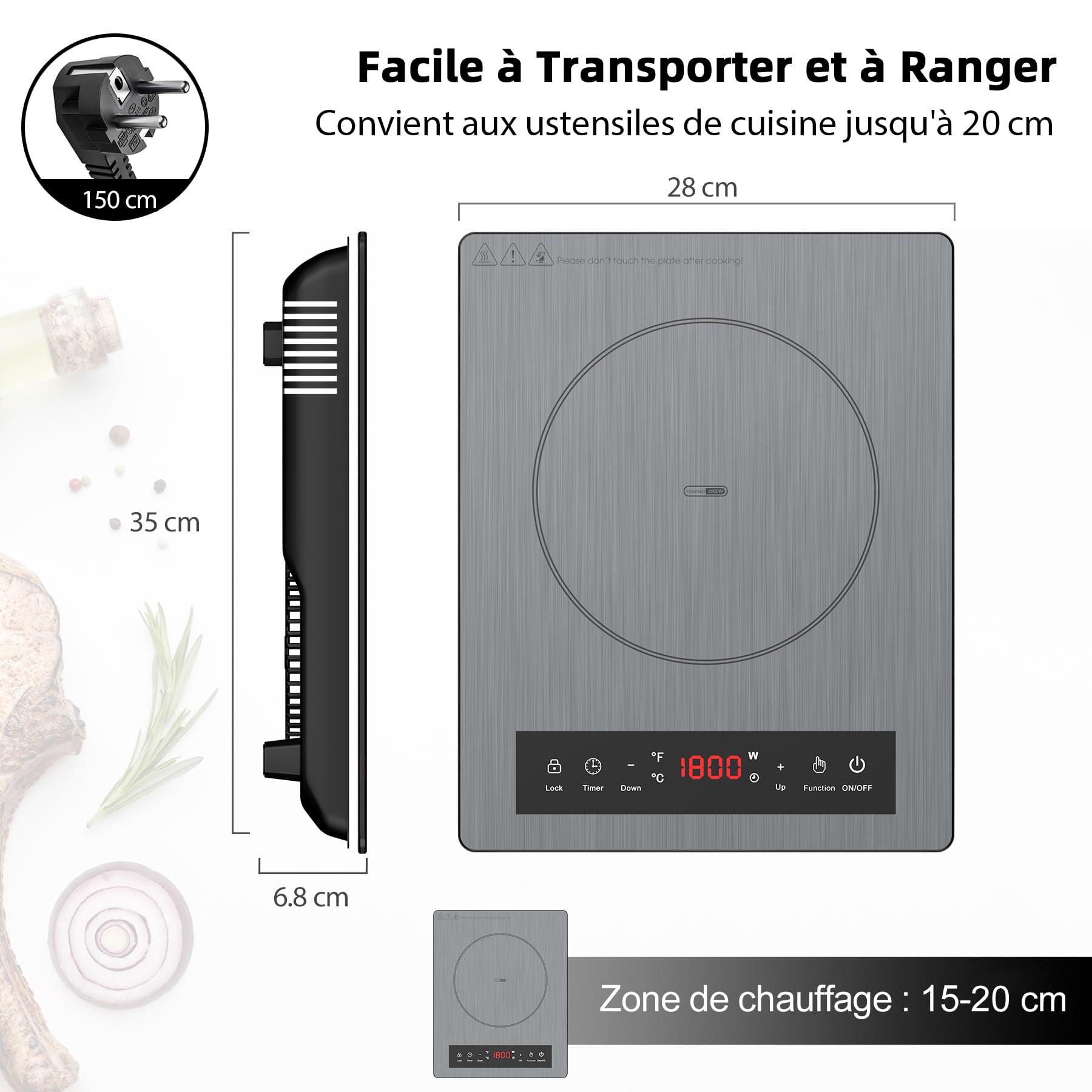 VBGK Tables de Cuisson, 1800W Plaque de Cuisson Electrique, plaque Induction Portable avec Contrôle Tactile, 10 Niveaux de Température, Verrouillage de Sécurité, Minuterie, Plaque à Induction Portable