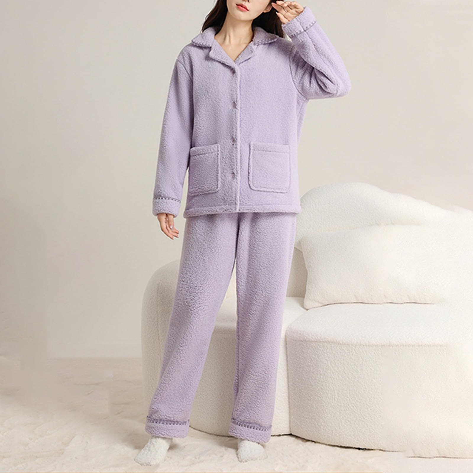 Pigiama da donna, tinta unita, in pile corallo, set di pigiama con bottoni, colletto rovesciato, pigiameria e pantaloni da pigiama, 2 pezzi, autunno, inverno, ispessito, per la casa, coppia