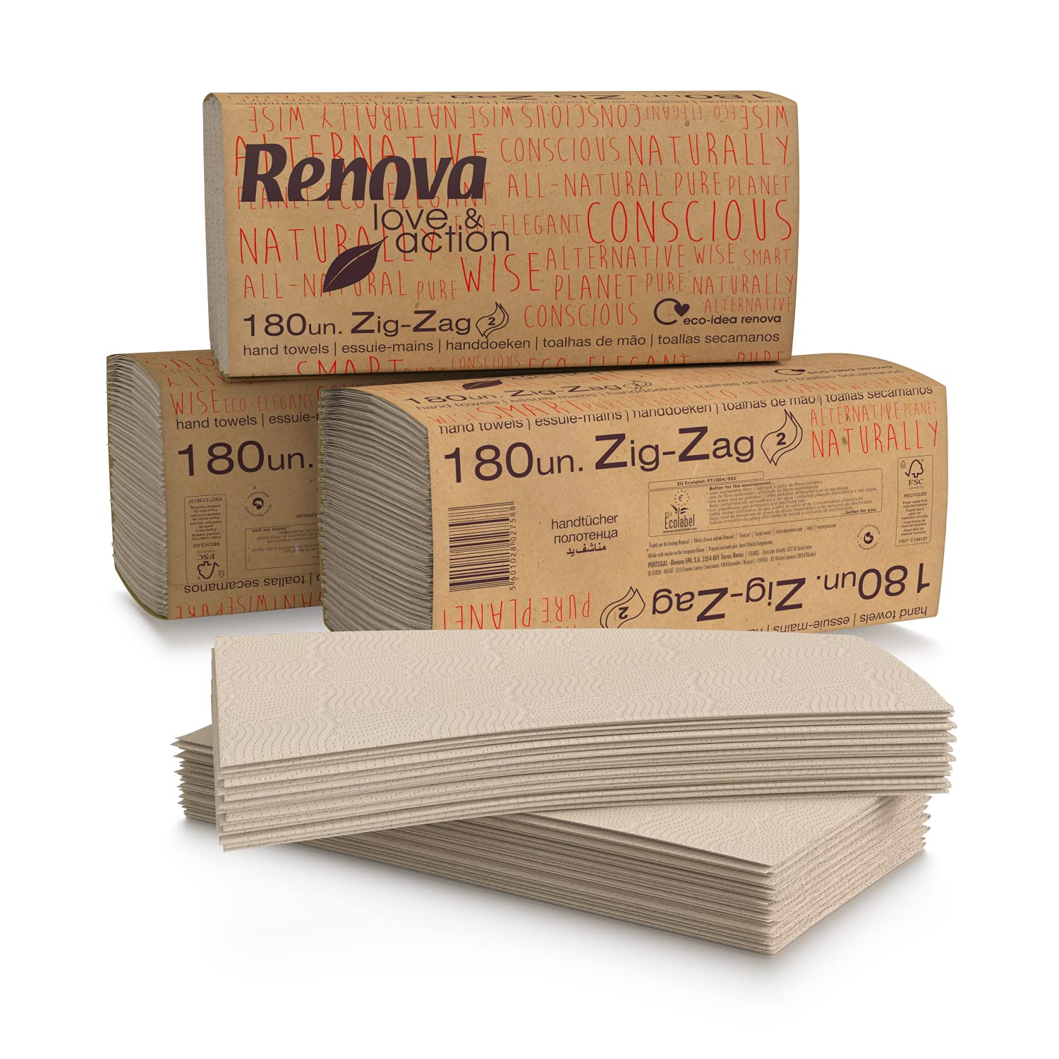 Renova Serviettes de table Love&Action Zig-zag, papier recyclé, 2 plis, lot de 15x180 serviettes