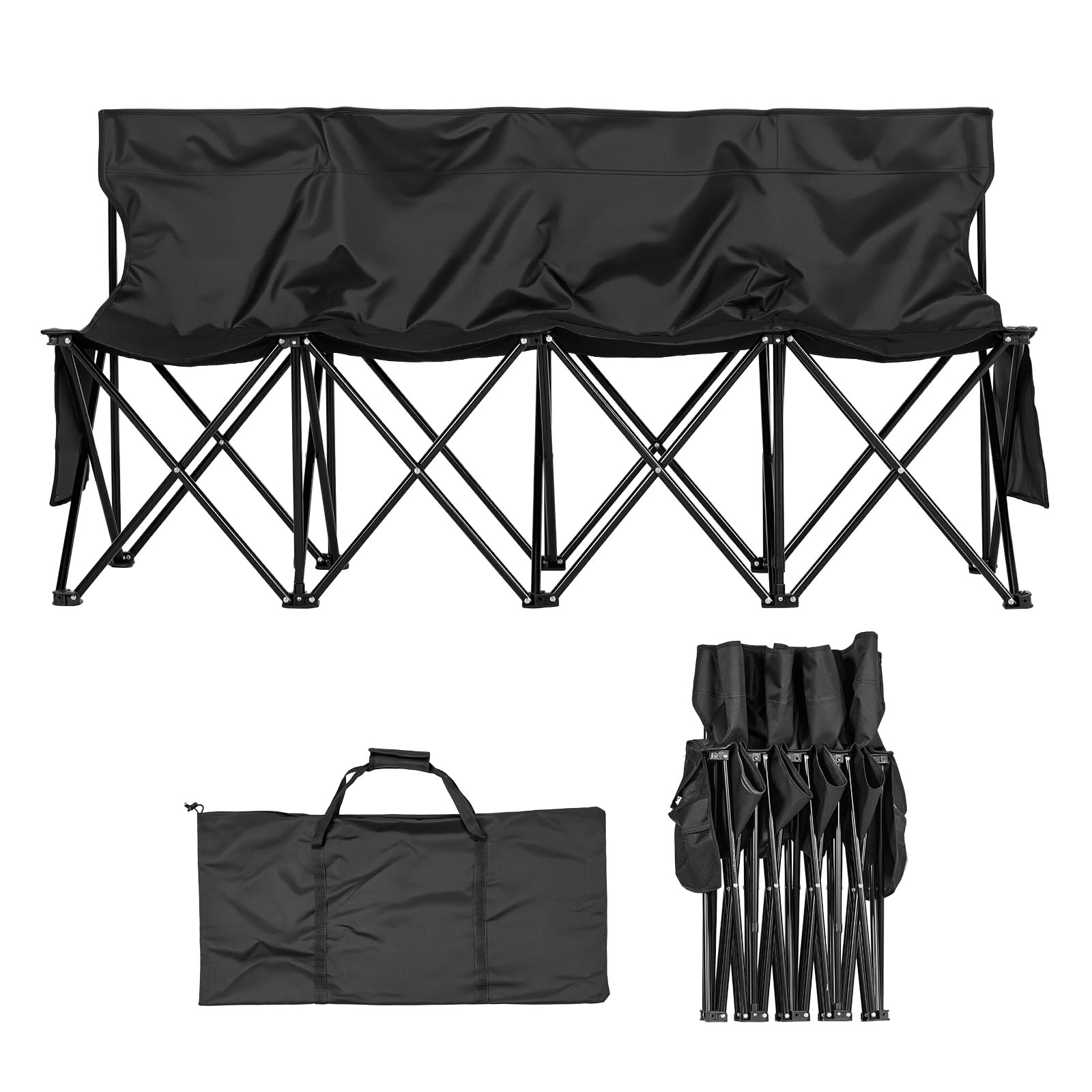 VEVOR Banc Pliant Portable à 4 Places, Banc de Camping Pliable avec Poches de Rangement et Sac de Transport, siège latéral léger avec Dossier pour Football, Baseball et événements en Plein air, Noir