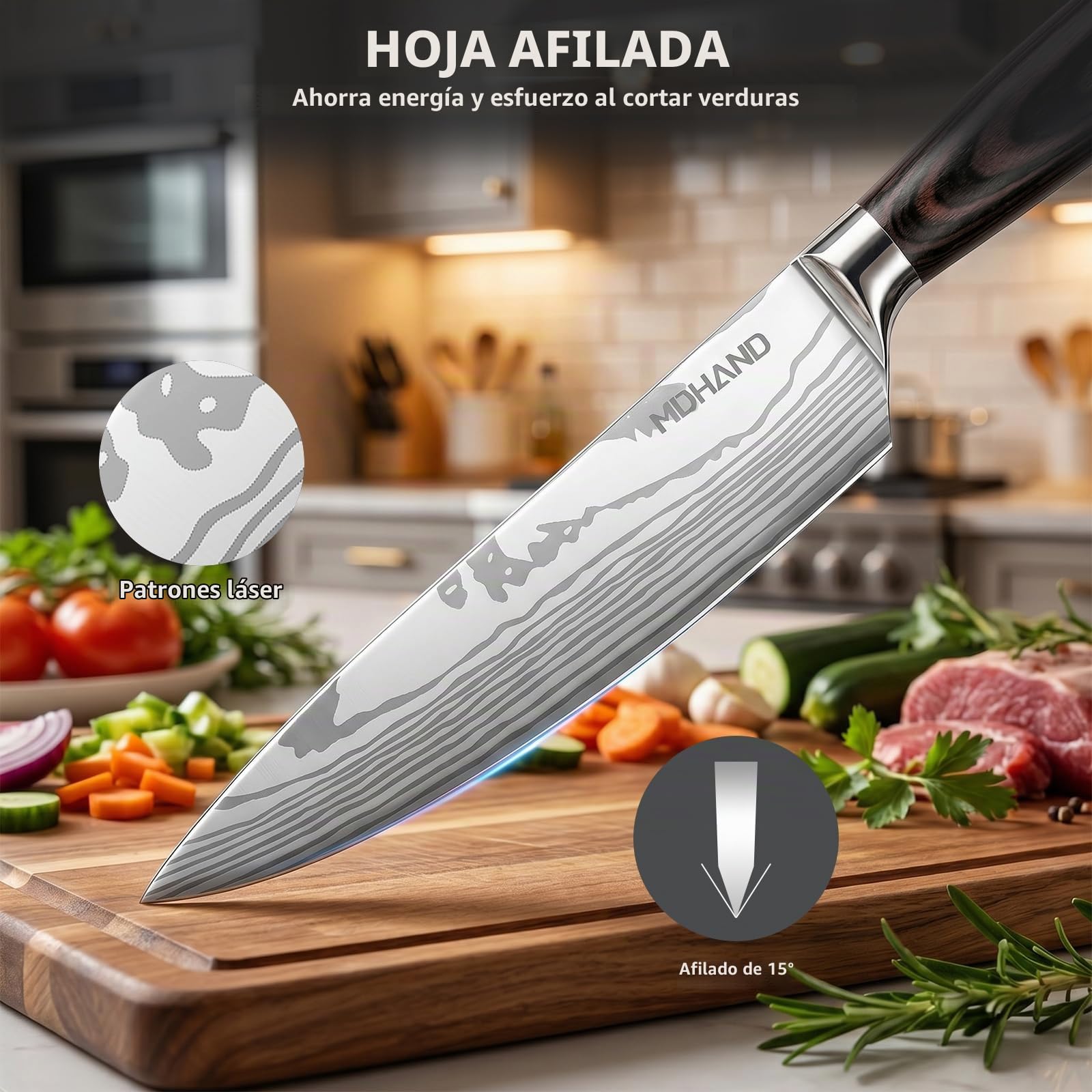 MDHAND Juego de Cuchillos de Cocina, Cuchillos Cocina Profesional de 8 piezas con Bolsa de Rollo,Juego de Cuchillos de Cocina profesionales de acero inoxidable de alto carbono extremadamente afilados