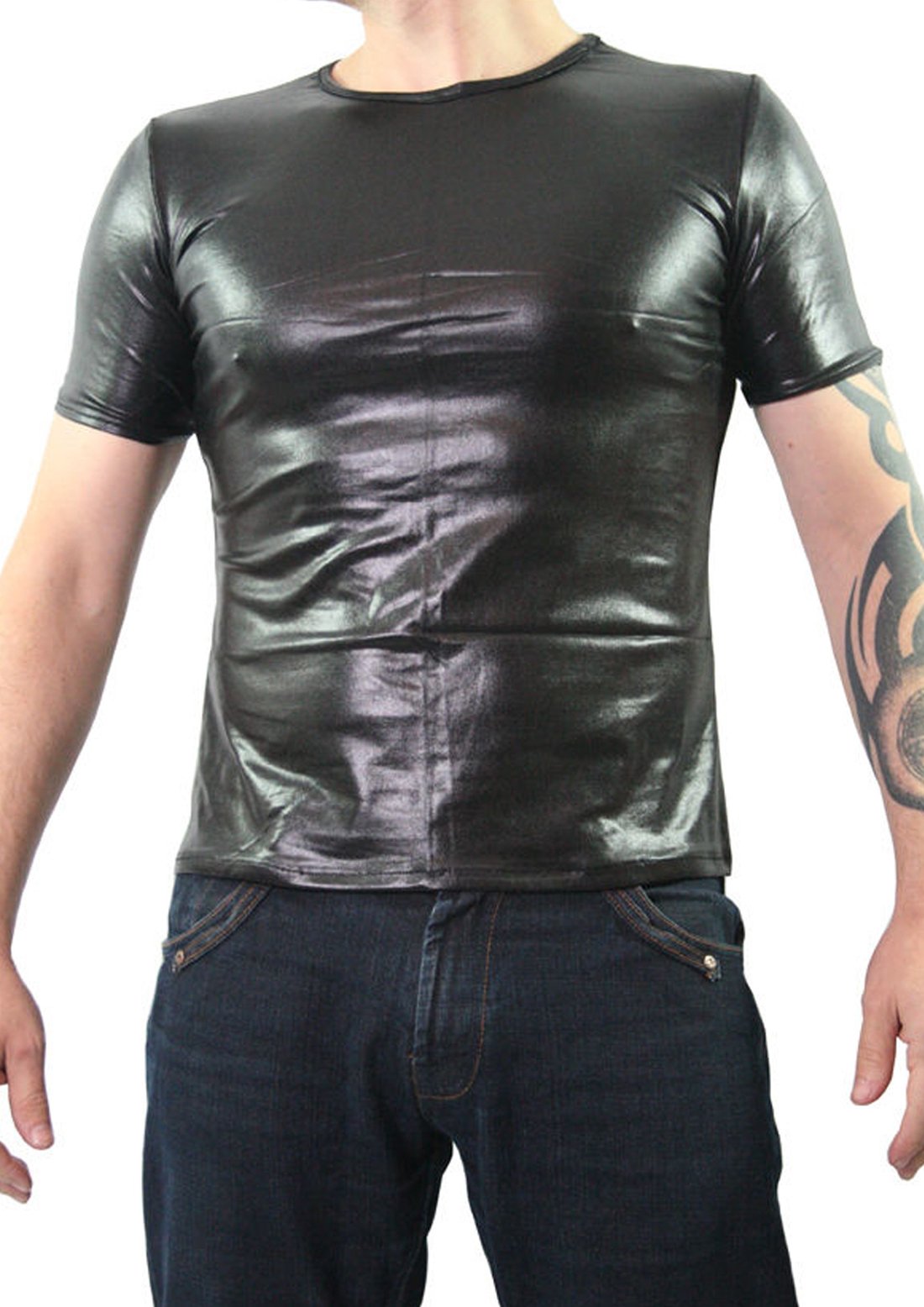 Howriis Unisex Shiny Metallic Short Sleeve Nightclub Gay Stag T-Shirt (Medium, Black)