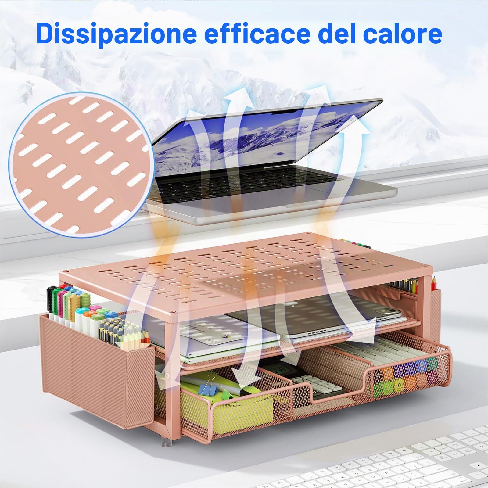 gianotter Supporto da scrivania per computer con cassetto e 2 portapenne, organizer da scrivania da donna, HomeOffice Essentials (oro rosa)