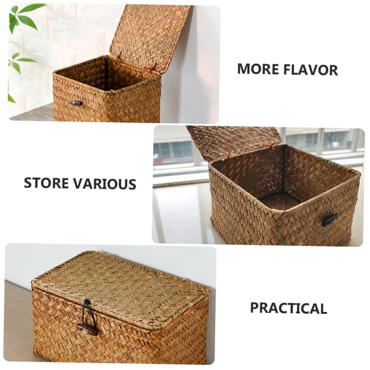 Panier de Rangement Tressé en Paille 3 Pièces, Khaki, Vintage